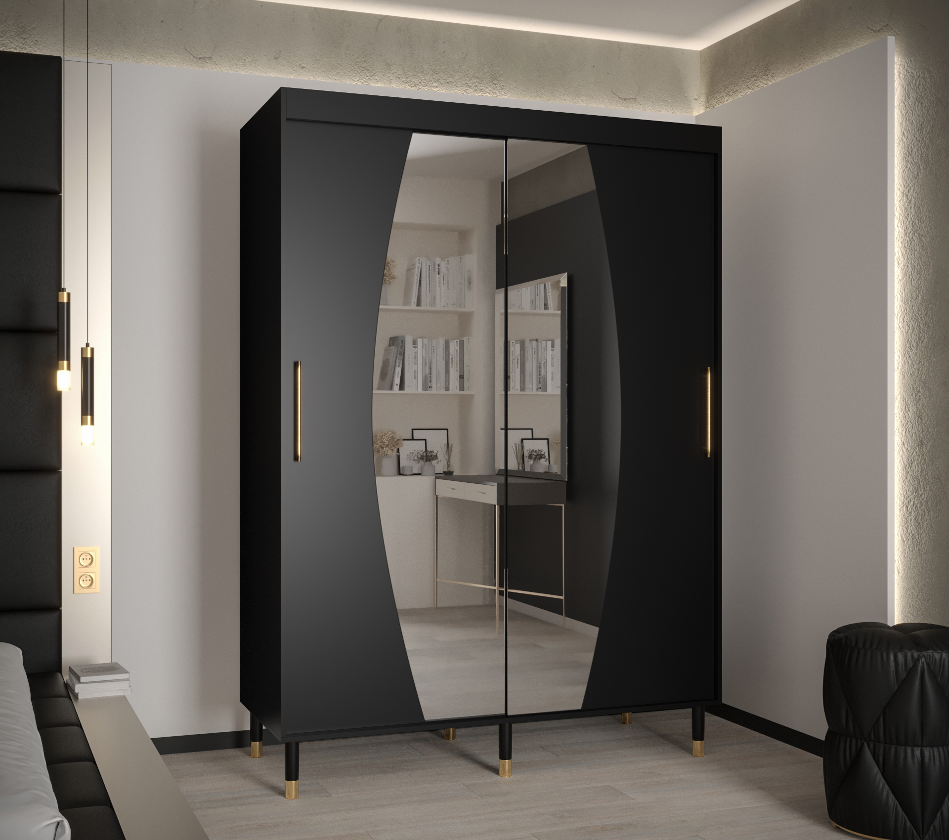 Šatní skříň Abi Calipso Ely Barva korpusu: Černá, Rozměry: 150 cm, Dveře: Ely - černá + zrcadlo - Če