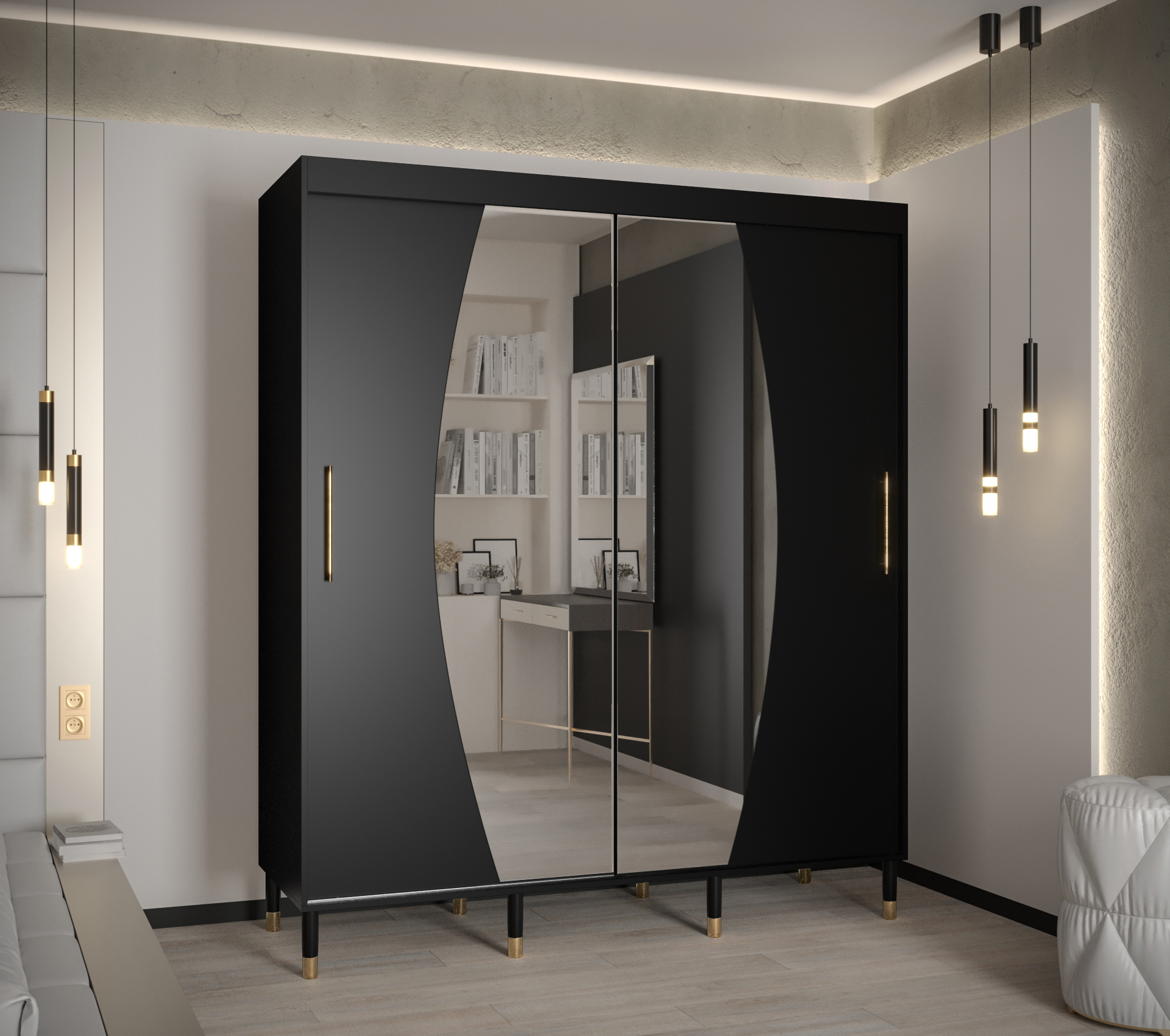 Šatní skříň Abi Calipso Ely Barva korpusu: Černá, Rozměry: 180 cm, Dveře: Ely - černá + zrcadlo - Če
