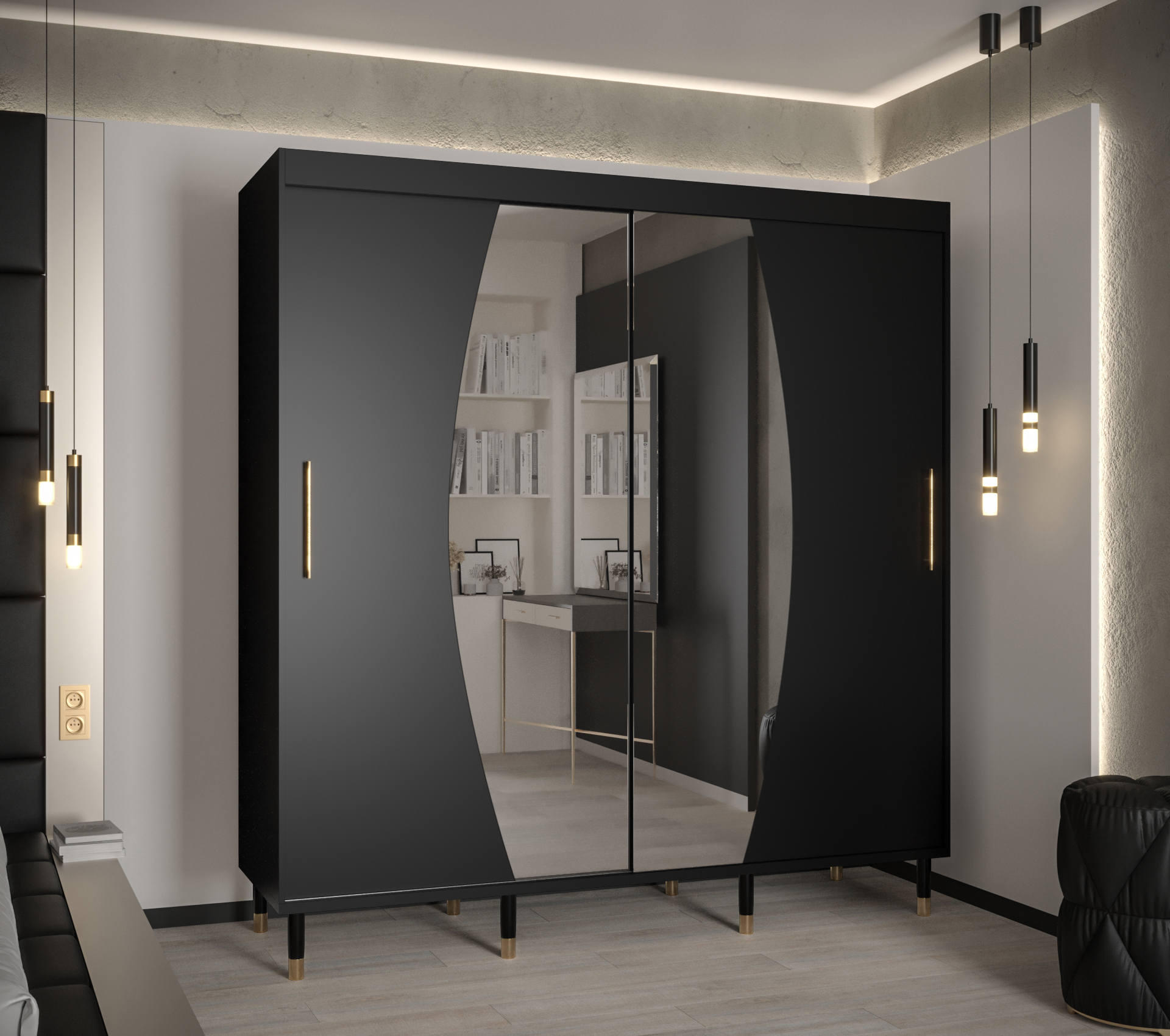 Šatní skříň Abi Calipso Ely Barva korpusu: Černá, Rozměry: 200 cm, Dveře: Ely - černá + zrcadlo - Če
