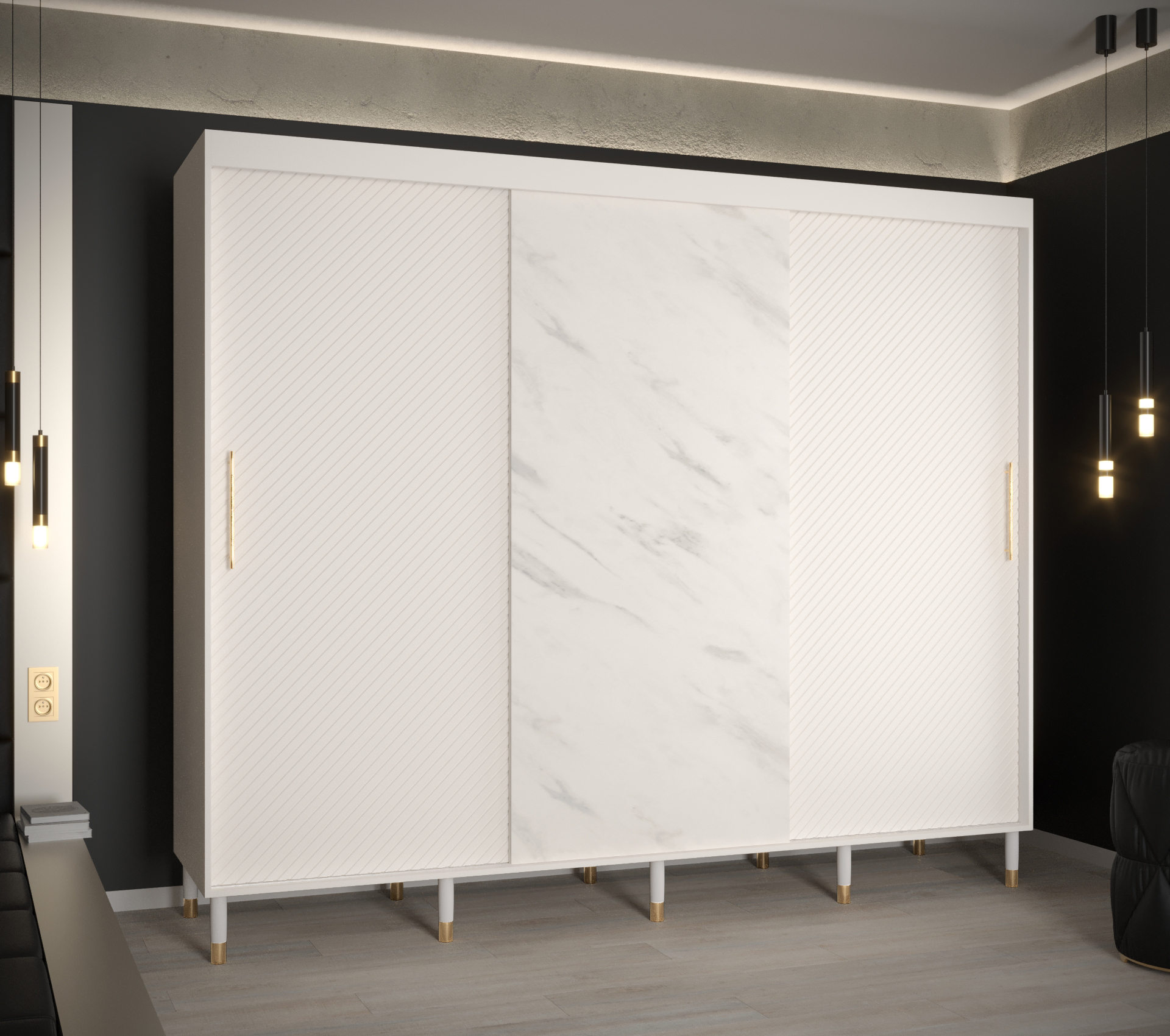 Šatní skříň Abi Calipso Jodelka Marmur Barva korpusu: Bílá, Rozměry: 250 cm, Dveře: Bílá + Bílý Marm