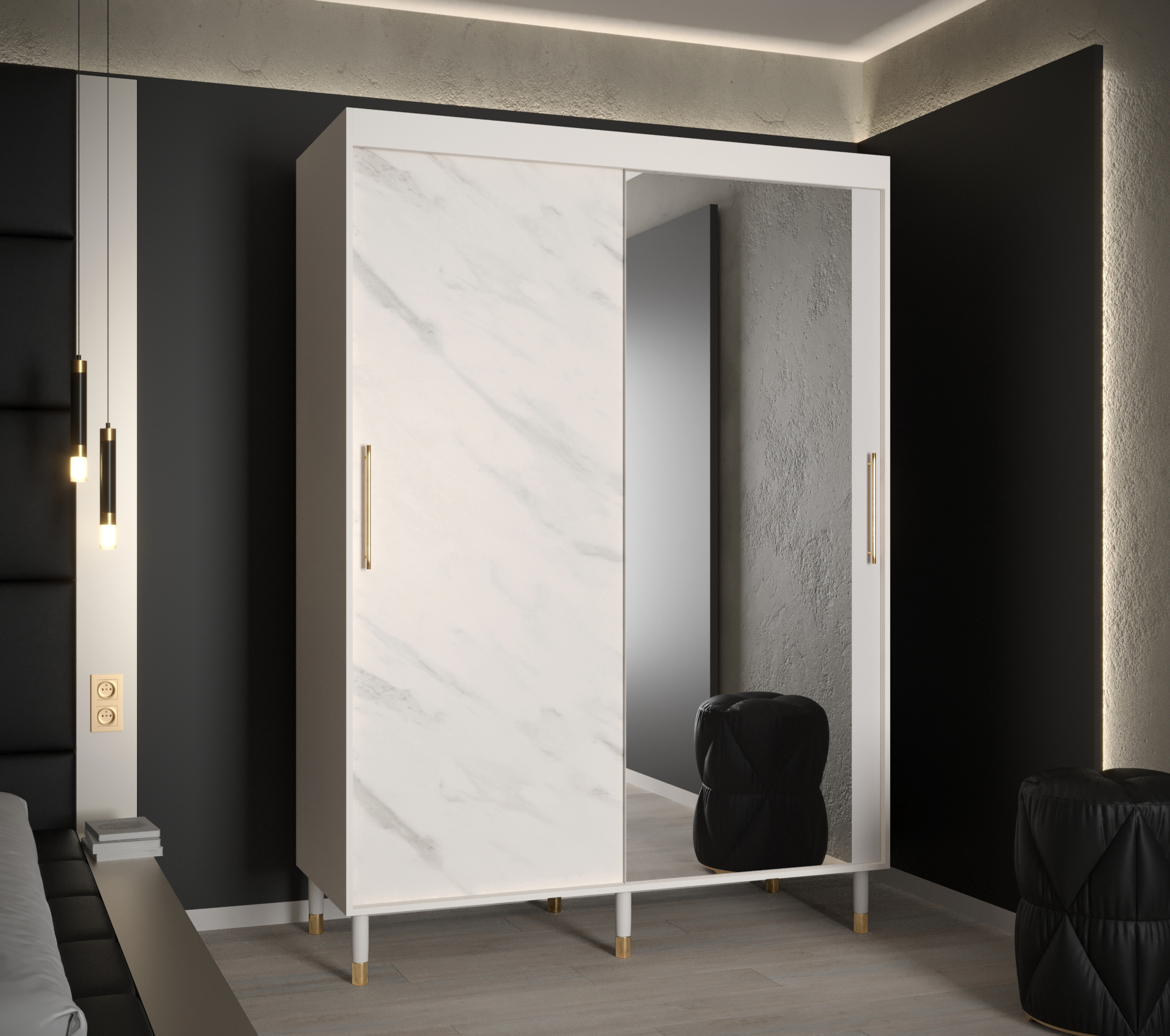 Šatní skříň Abi Calipso Marmur 2 Barva korpusu: Bílá, Rozměry: 150 cm, Dveře: Bílý Marmur + zrcadlo 