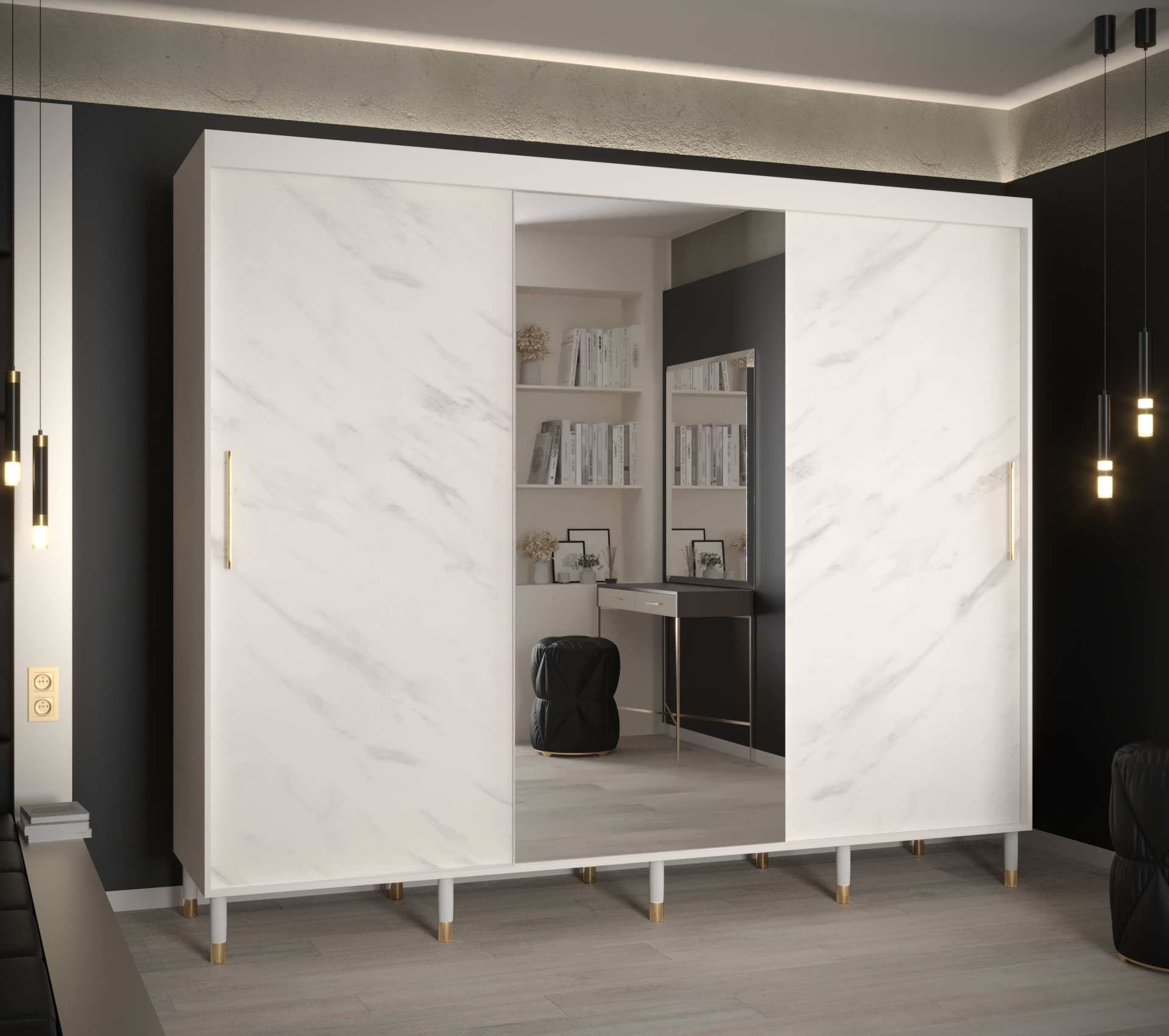 Šatní skříň Abi Calipso Marmur 2 Barva korpusu: Bílá, Rozměry: 250 cm, Dveře: Bílý Marmur + zrcadlo 