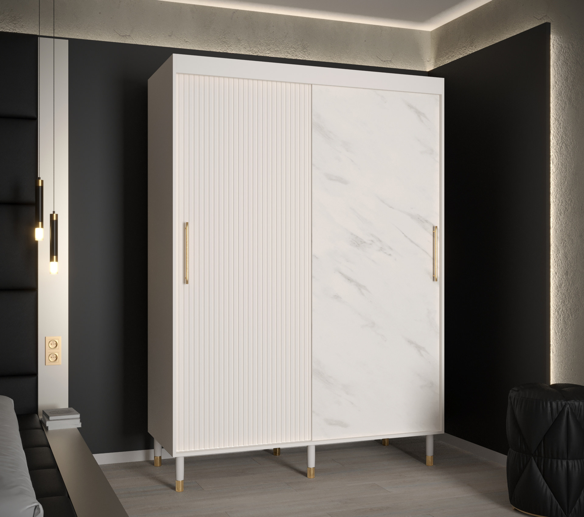 Šatní skříň Calipso Slim Marmur Barva korpusu: Bílá, Rozměry: 150 cm, Dveře: Bílá + Bílý Marmur - Bí