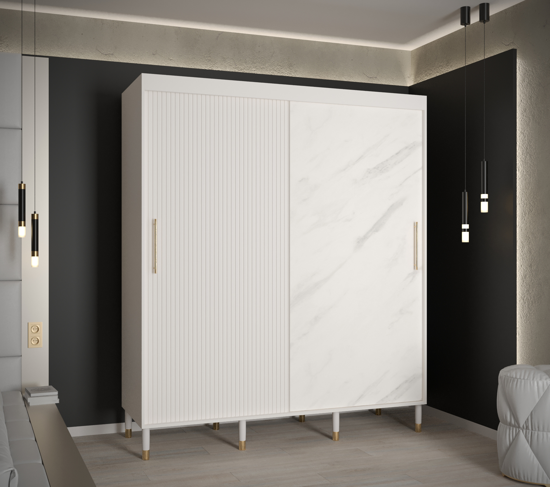 Šatní skříň Calipso Slim Marmur Barva korpusu: Bílá, Rozměry: 180 cm, Dveře: Bílá + Bílý Marmur - Bí