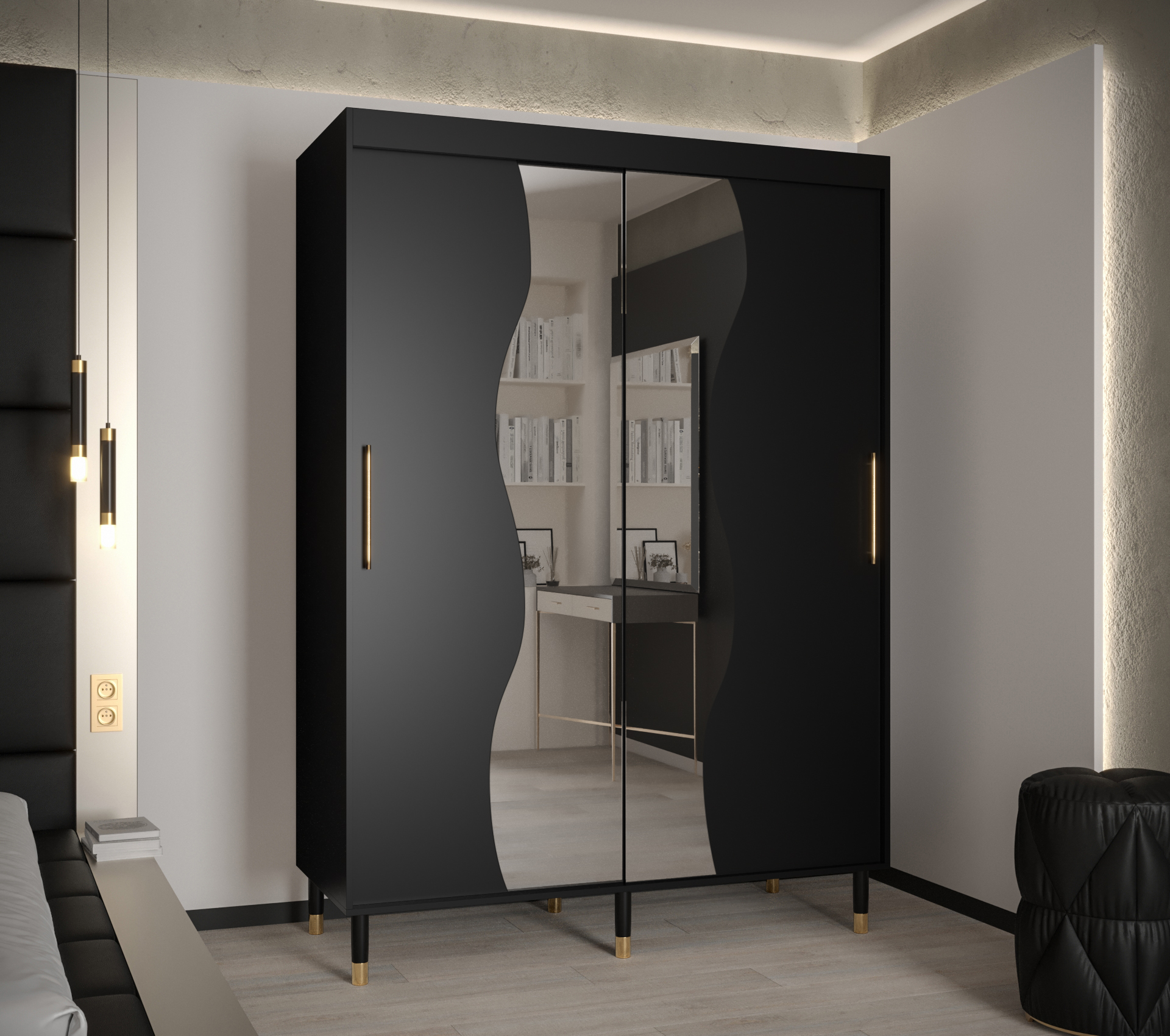 Šatní skříň Abi Calipso Mad Barva korpusu: Černá, Rozměry: 150 cm, Dveře: Černá + zrcadlo - Černá,Če