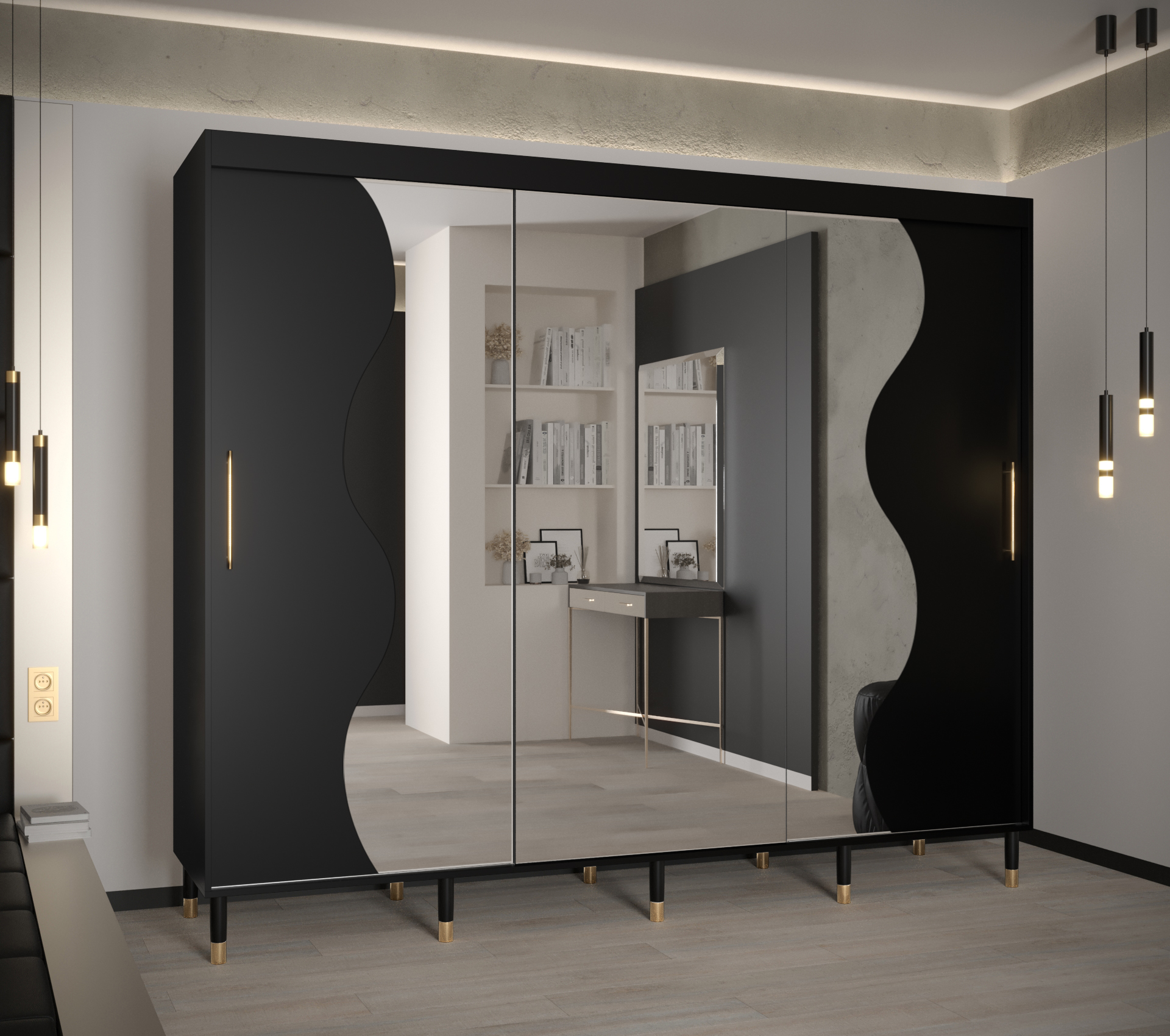 Šatní skříň Abi Calipso Mad Barva korpusu: Černá, Rozměry: 250 cm, Dveře: Černá + zrcadlo - Černá,Če