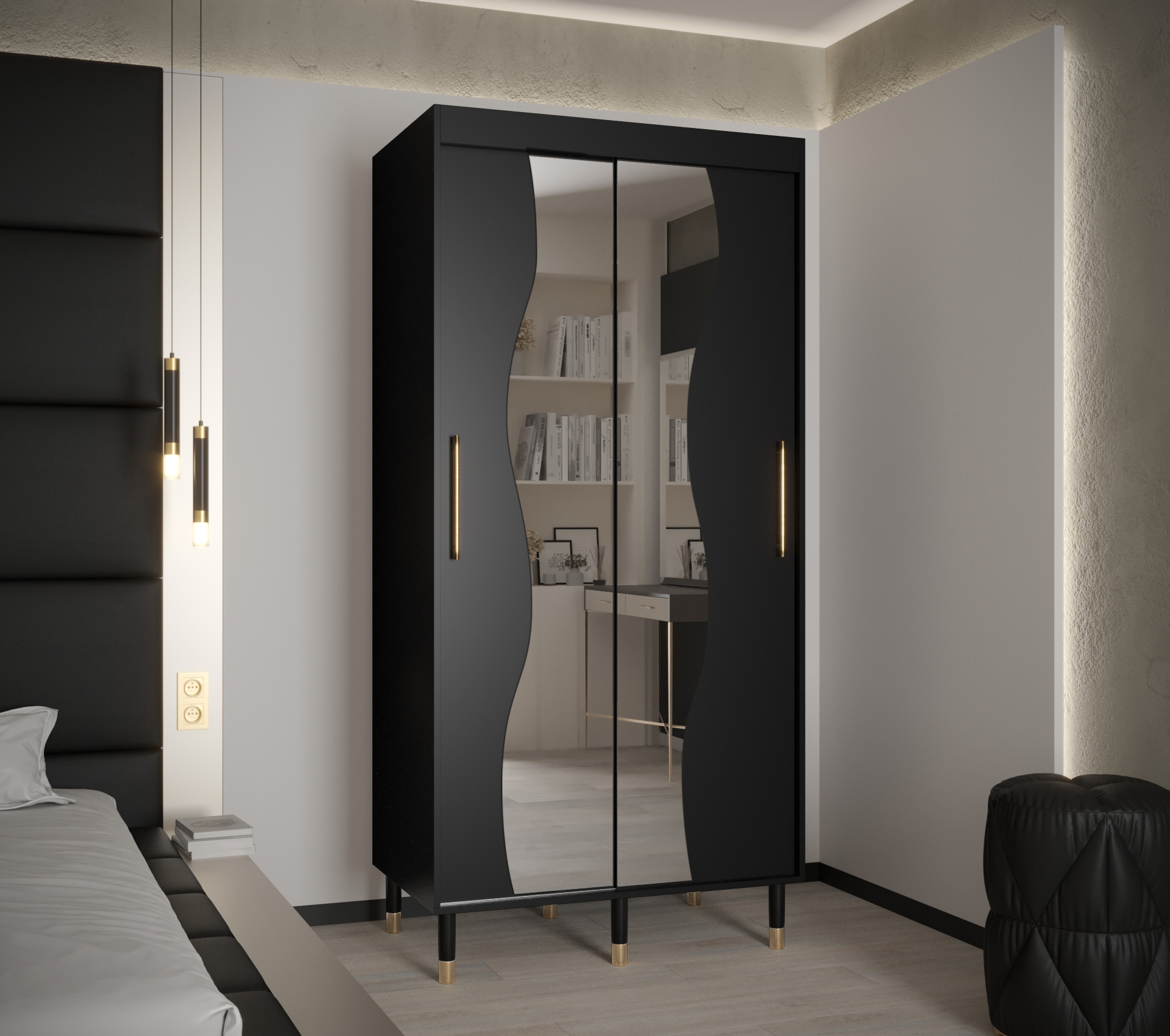 Šatní skříň Abi Calipso Mad Barva korpusu: Černá, Rozměry: 100 cm, Dveře: Černá + zrcadlo - Černá,Če