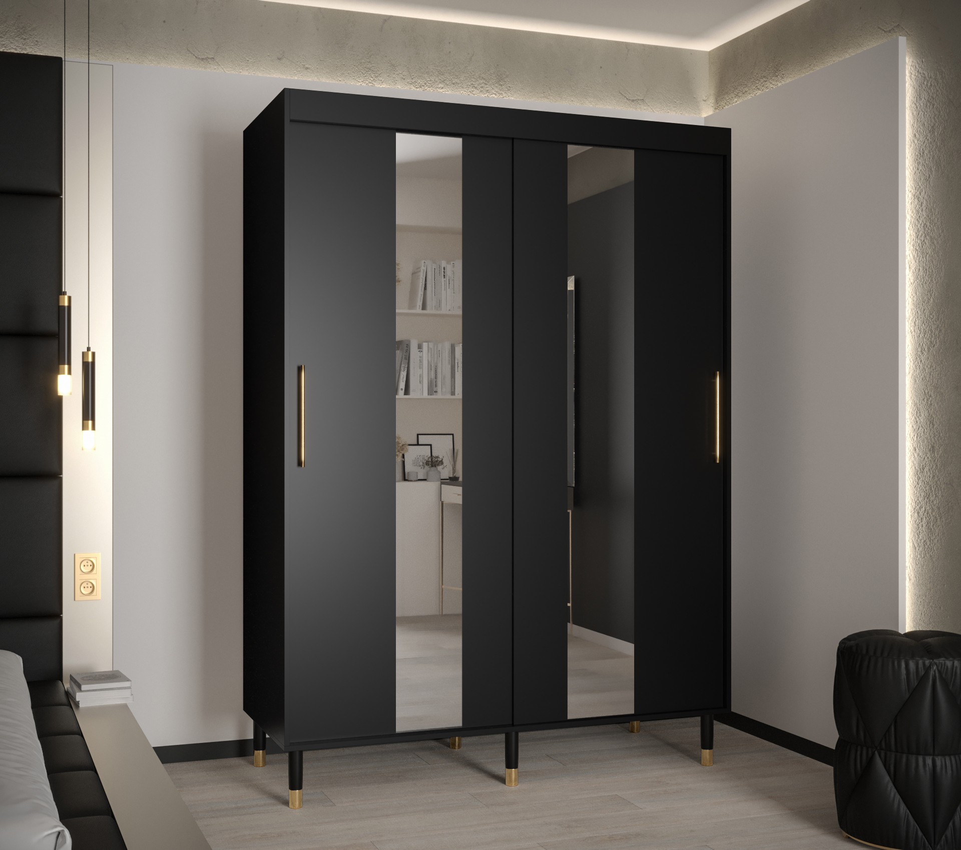 Šatní skříň Abi Calipso Pol Barva korpusu: Černá, Rozměry: 150 cm, Dveře: Černá + zrcadlo - Černá,Če