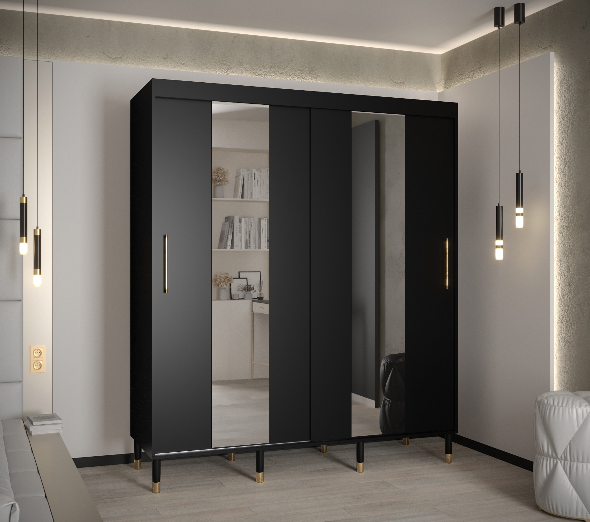 Šatní skříň Abi Calipso Pol Barva korpusu: Černá, Rozměry: 180 cm, Dveře: Černá + zrcadlo - Černá,Če