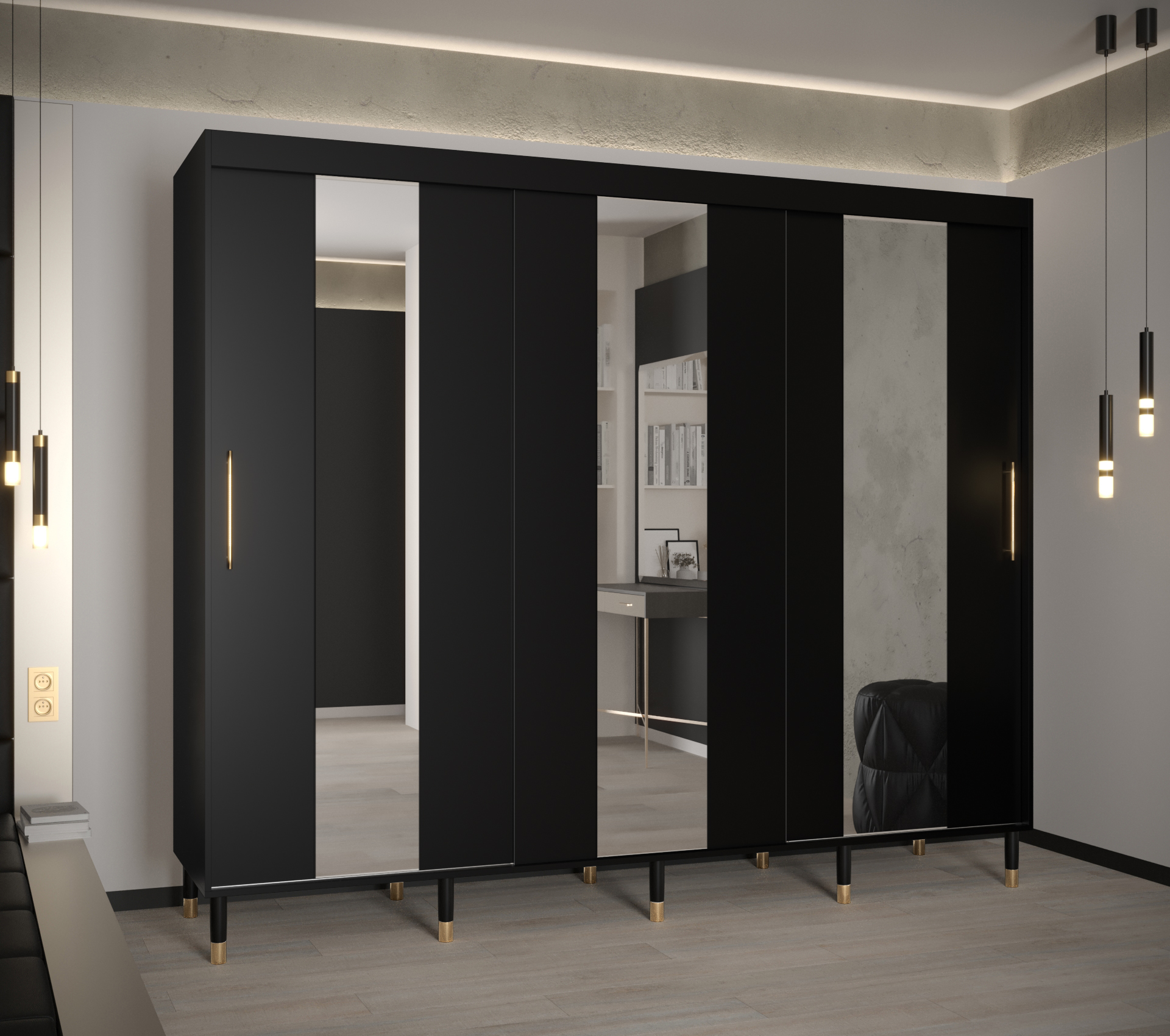 Šatní skříň Abi Calipso Pol Barva korpusu: Černá, Rozměry: 250 cm, Dveře: Černá + zrcadlo - Černá,Če