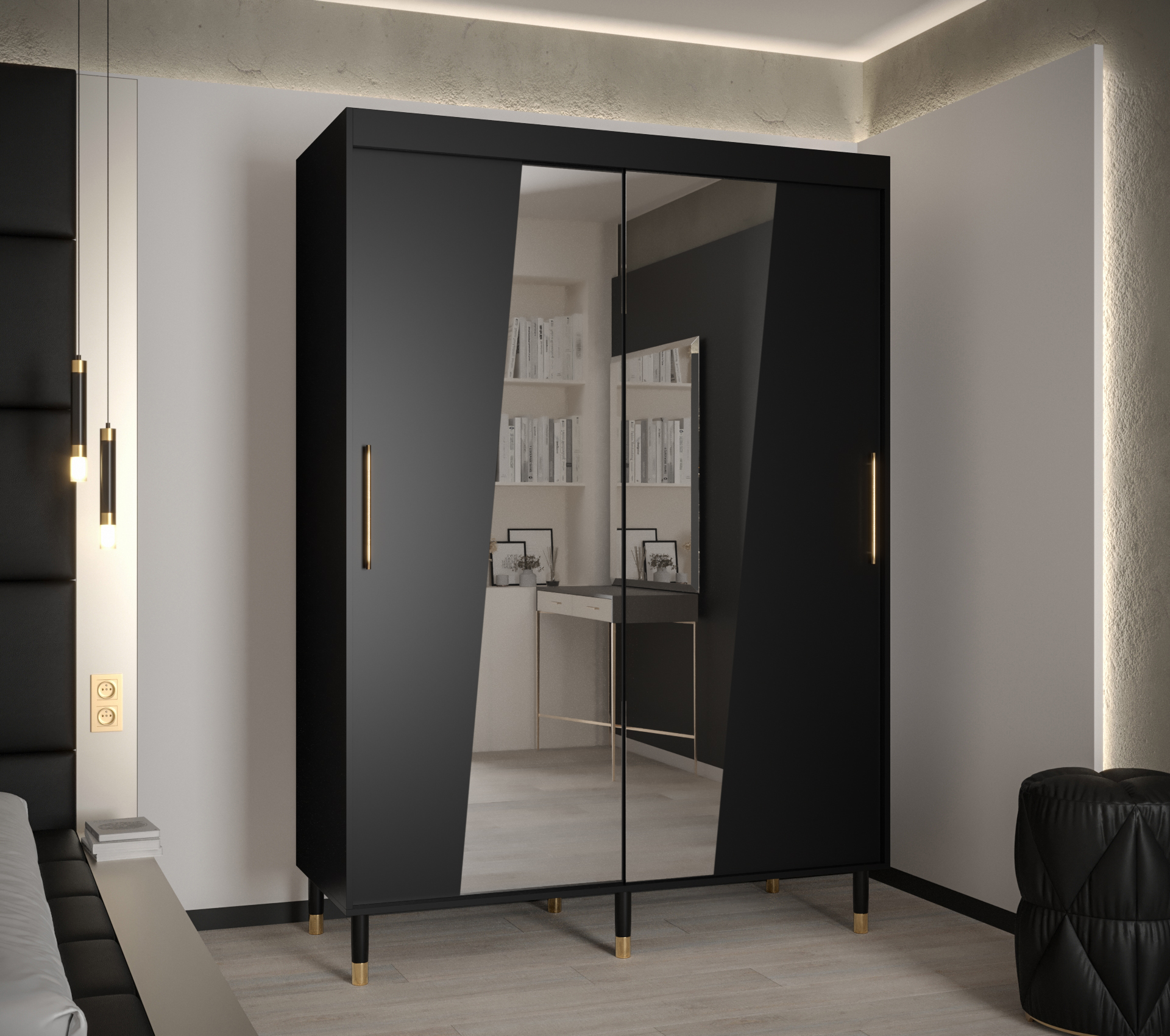 Šatní skříň Abi Calipso Rho Barva korpusu: Černá, Rozměry: 150 cm, Dveře: Černá + zrcadlo - Černá,Če