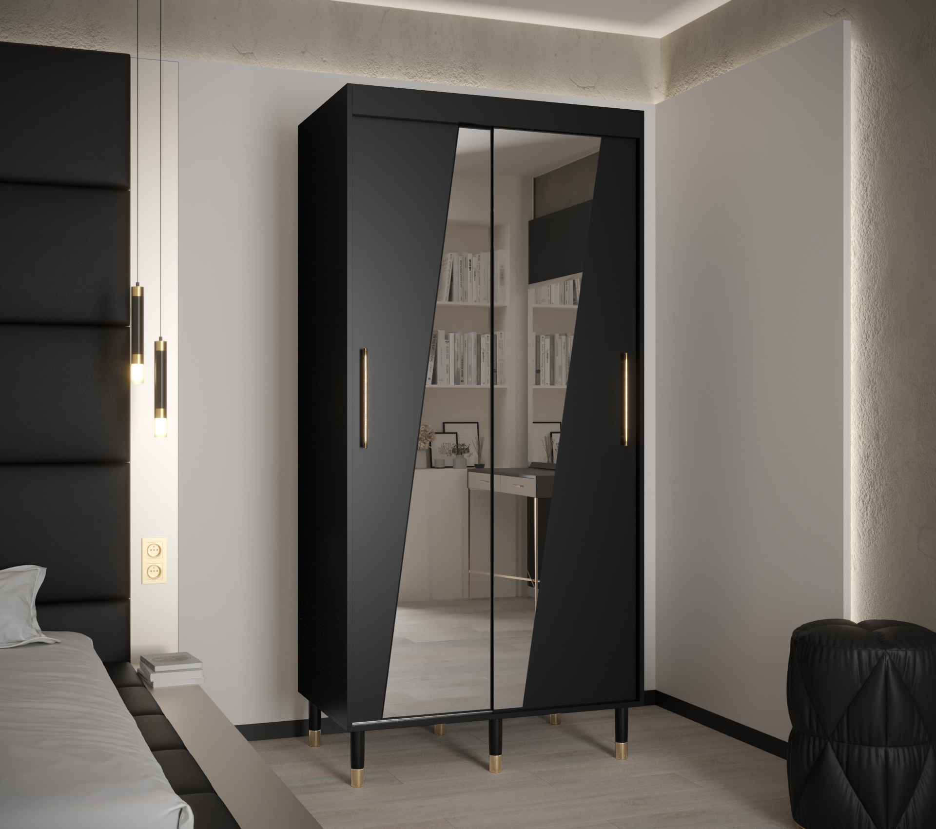 Šatní skříň Abi Calipso Rho Barva korpusu: Černá, Rozměry: 100 cm, Dveře: Černá + zrcadlo - Černá,Če