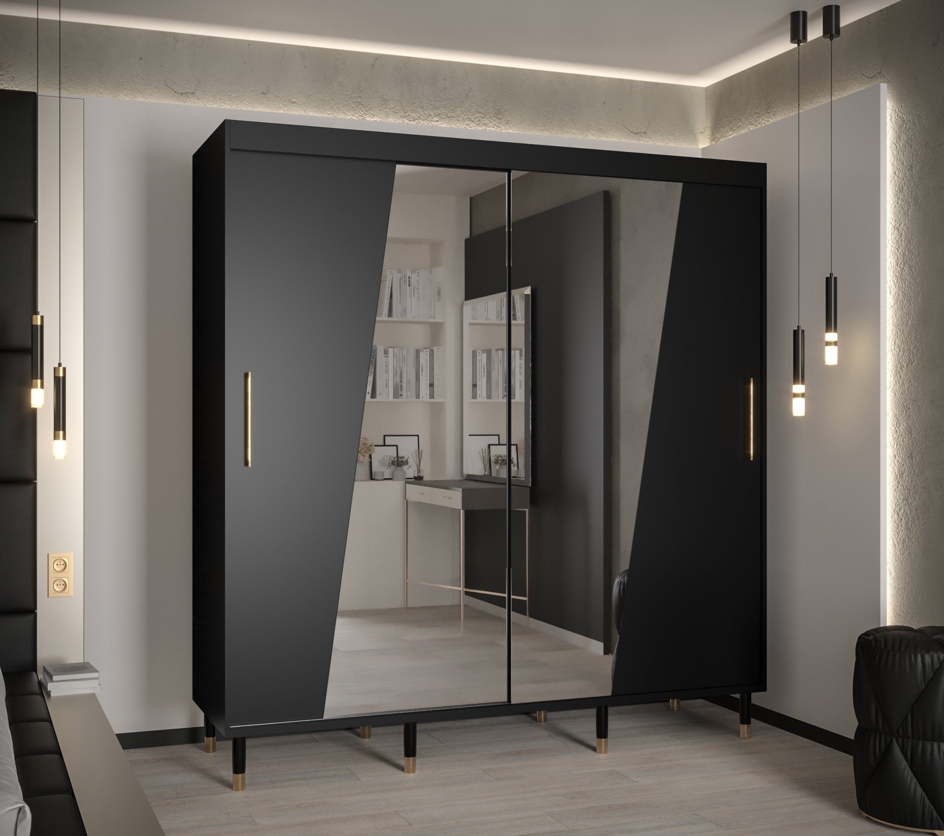 Šatní skříň Abi Calipso Rho Barva korpusu: Černá, Rozměry: 200 cm, Dveře: Černá + zrcadlo - Černá,Če