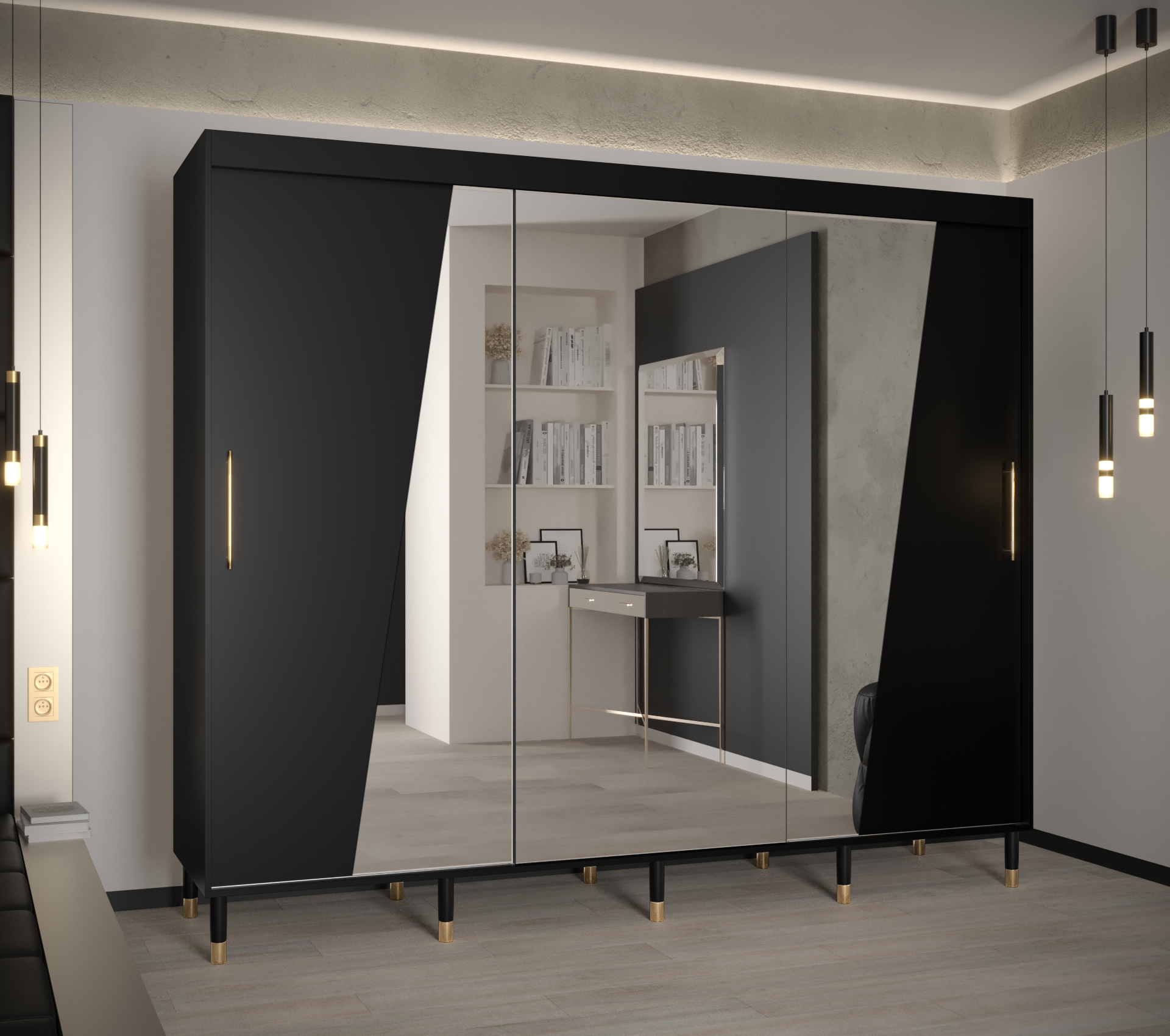 Šatní skříň Abi Calipso Rho Barva korpusu: Černá, Rozměry: 250 cm, Dveře: Černá + zrcadlo - Černá,Če