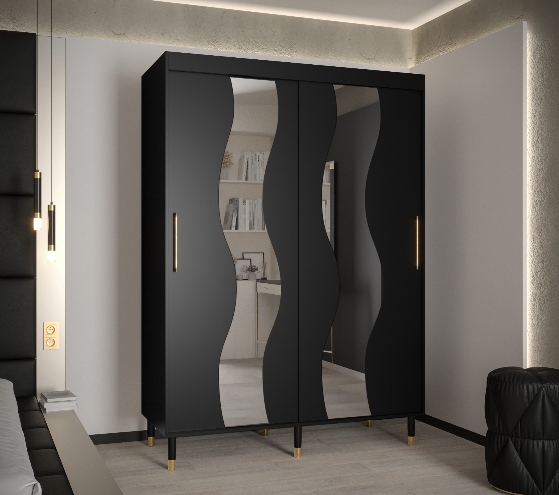 Šatní skříň Abi Calipso Sew Barva korpusu: Černá, Rozměry: 150 cm, Dveře: Černá + zrcadlo - Černá,Če