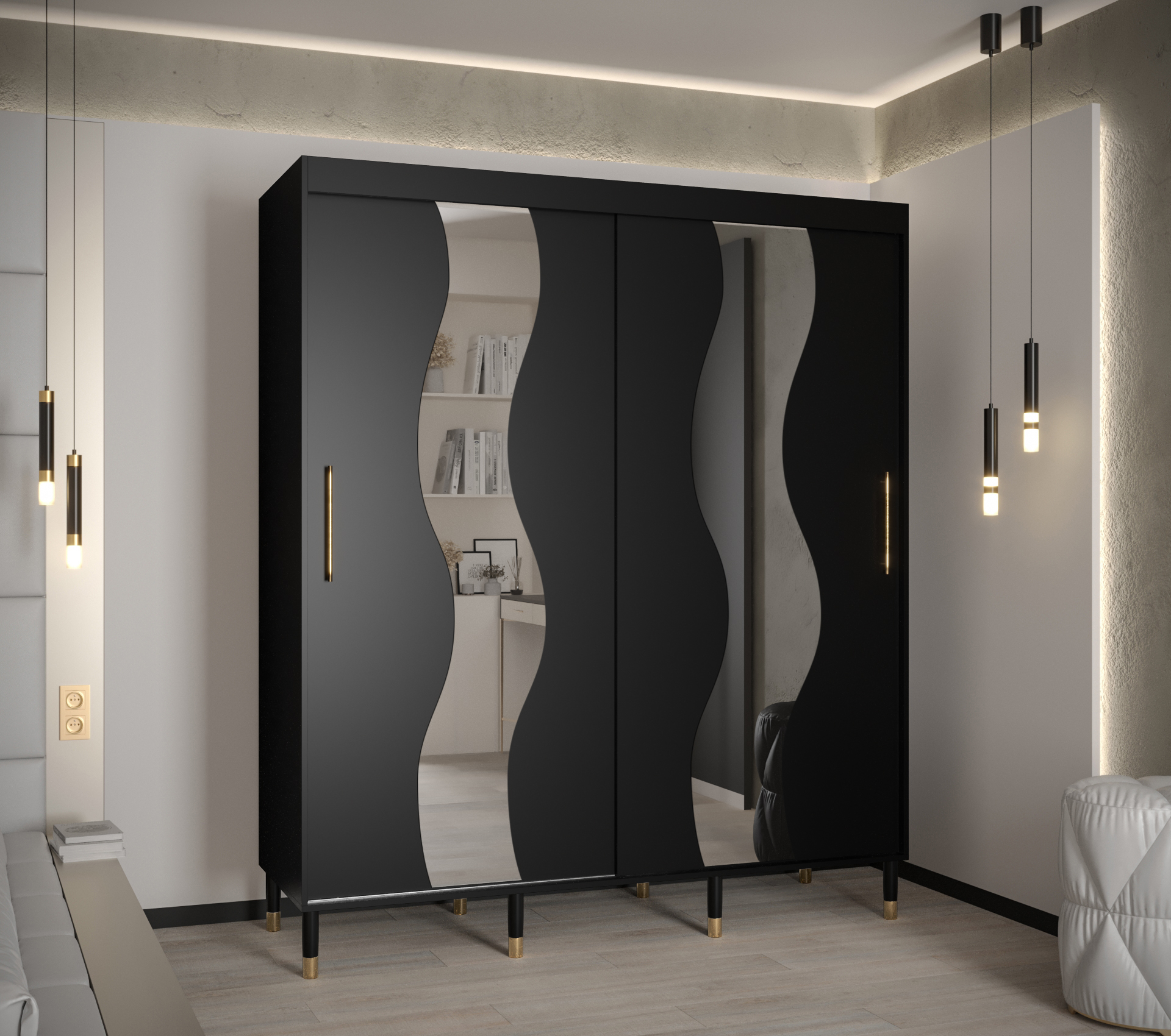 Šatní skříň Abi Calipso Sew Barva korpusu: Černá, Rozměry: 180 cm, Dveře: Černá + zrcadlo - Černá,Če