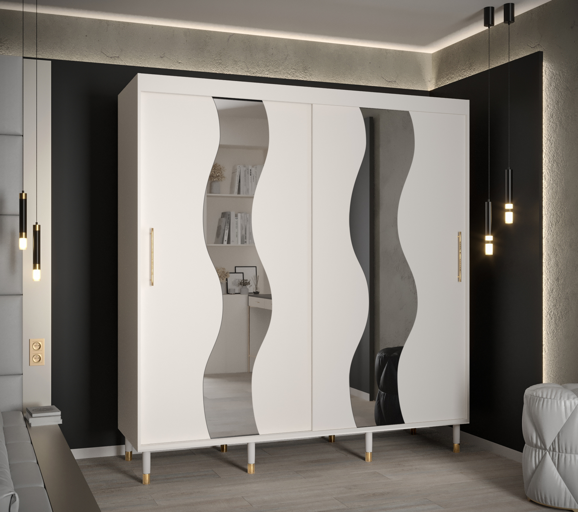 Šatní skříň Abi Calipso Sew Barva korpusu: Bílá, Rozměry: 200 cm, Dveře: Bílá + zrcadlo - Bílá,Bílá 