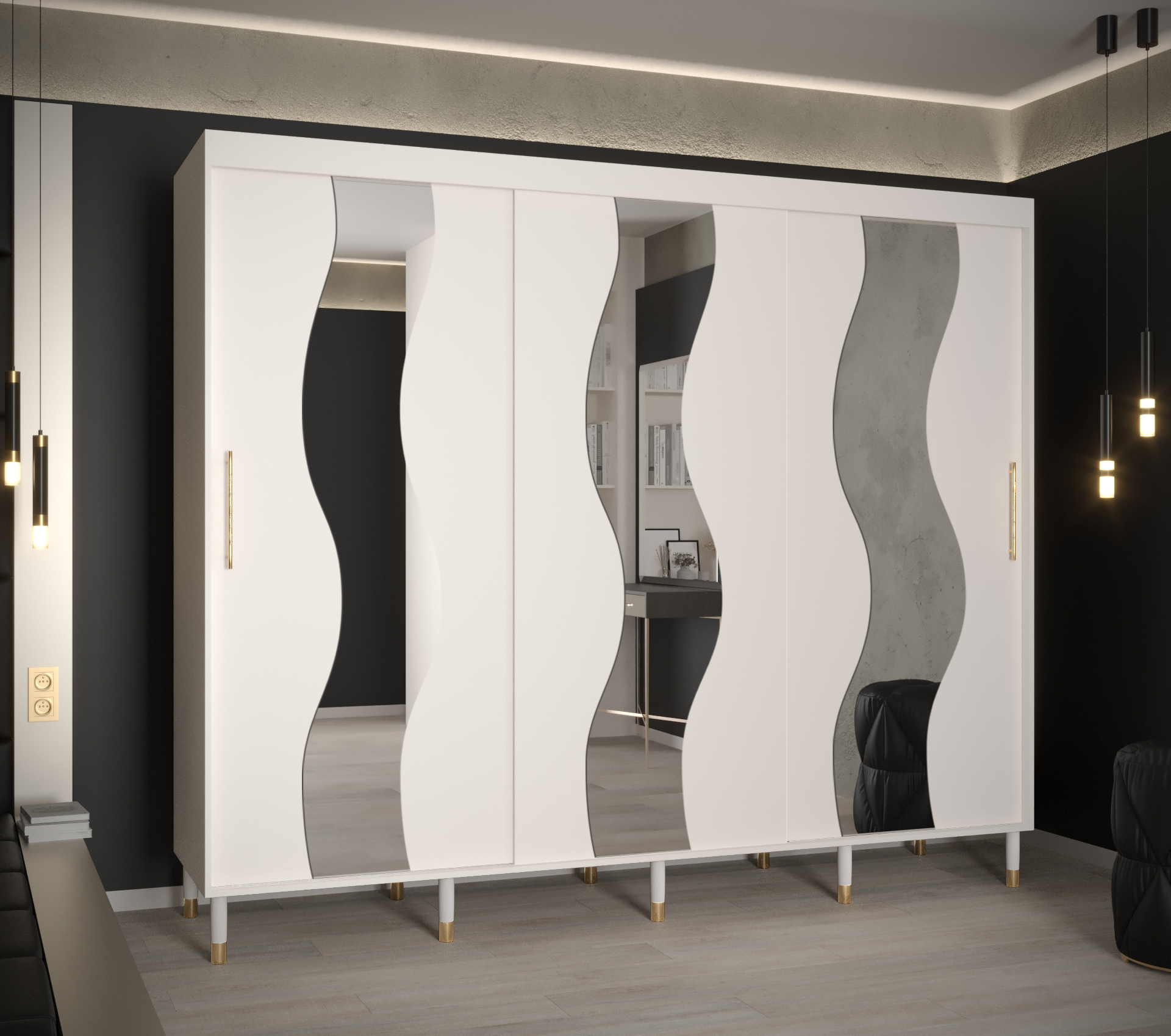 Šatní skříň Abi Calipso Sew Barva korpusu: Bílá, Rozměry: 250 cm, Dveře: Bílá + zrcadlo - Bílá,Bílá 