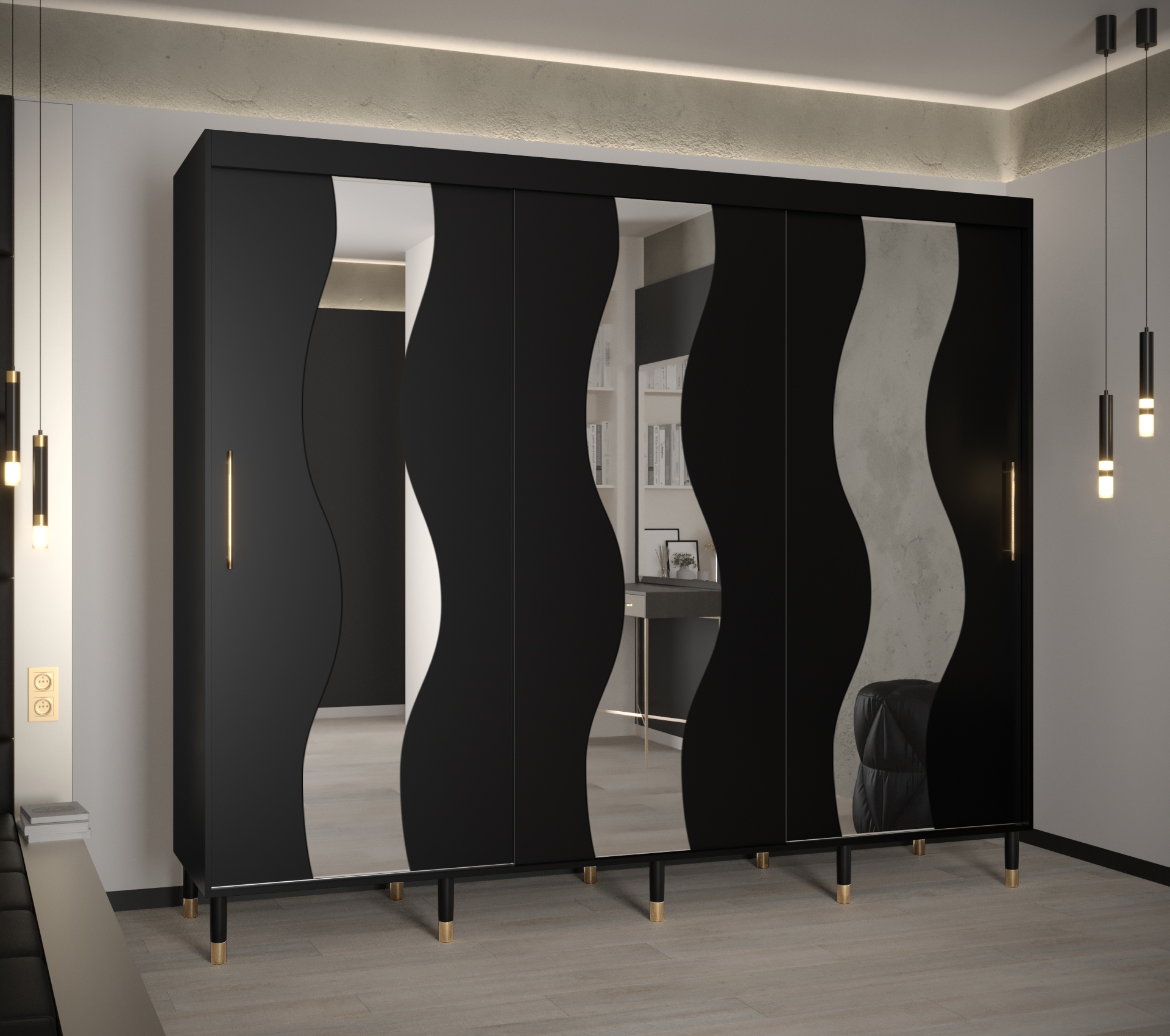 Šatní skříň Abi Calipso Sew Barva korpusu: Černá, Rozměry: 250 cm, Dveře: Černá + zrcadlo - Černá,Če