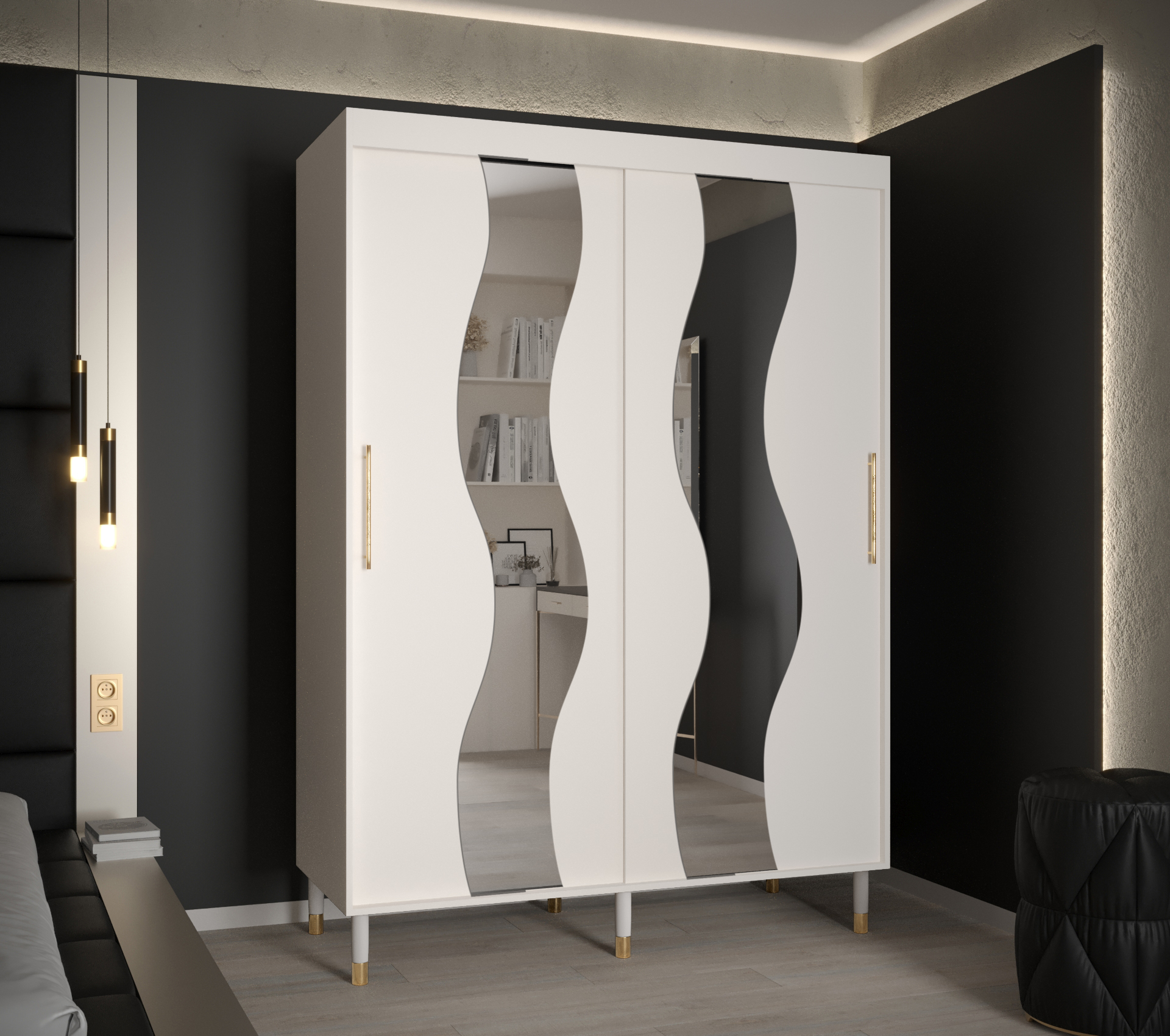 Šatní skříň Abi Calipso Sew Barva korpusu: Bílá, Rozměry: 150 cm, Dveře: Bílá + zrcadlo - Bílá,Bílá 