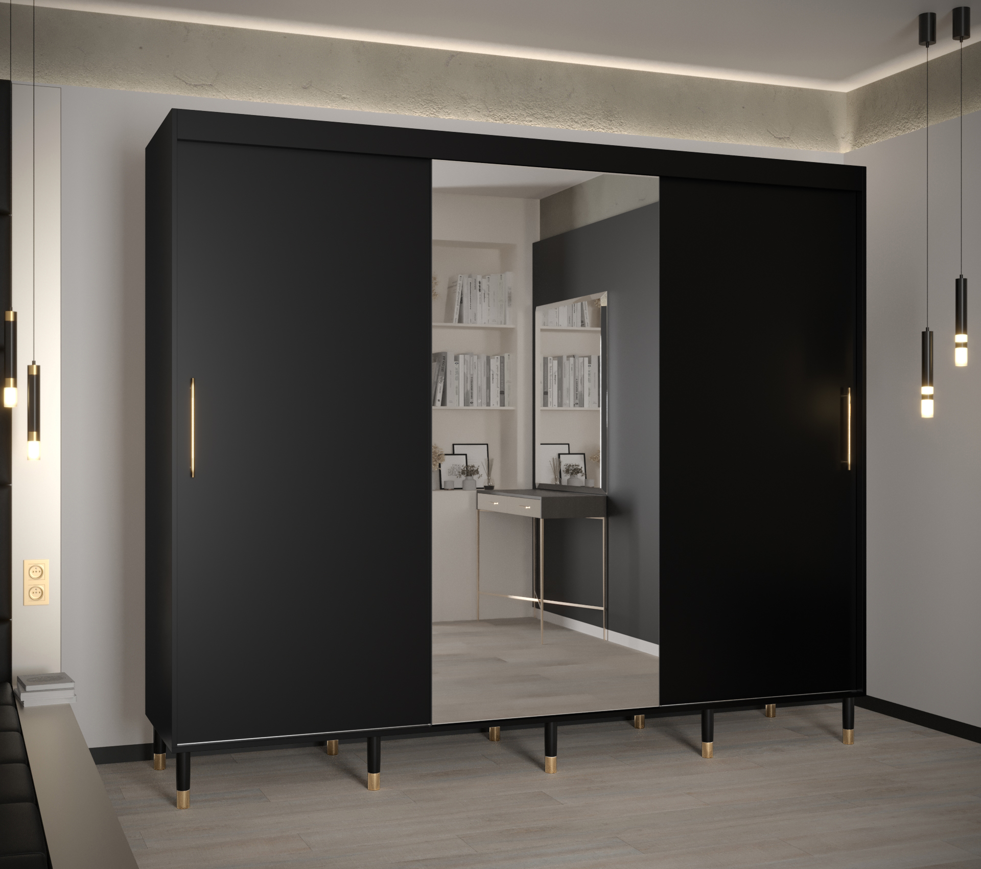 Šatní skříň Abi Calipso T1 Barva korpusu: Černá, Rozměry: 250 cm, Dveře: Černá + zrcadlo - Černá,Čer