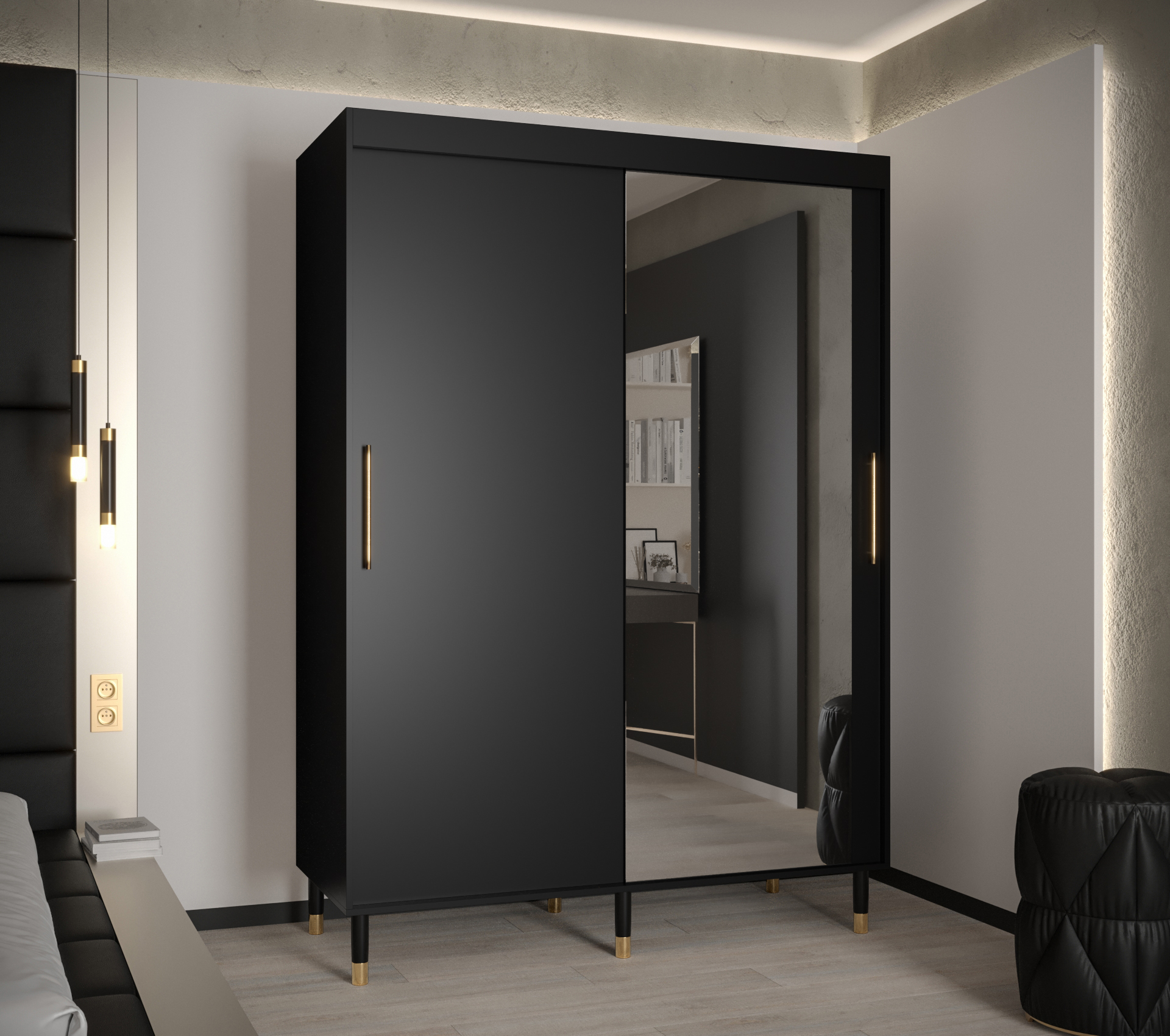 Šatní skříň Abi Calipso T2 Barva korpusu: Černá, Rozměry: 150 cm, Dveře: Černá + zrcadlo - Černá,Čer