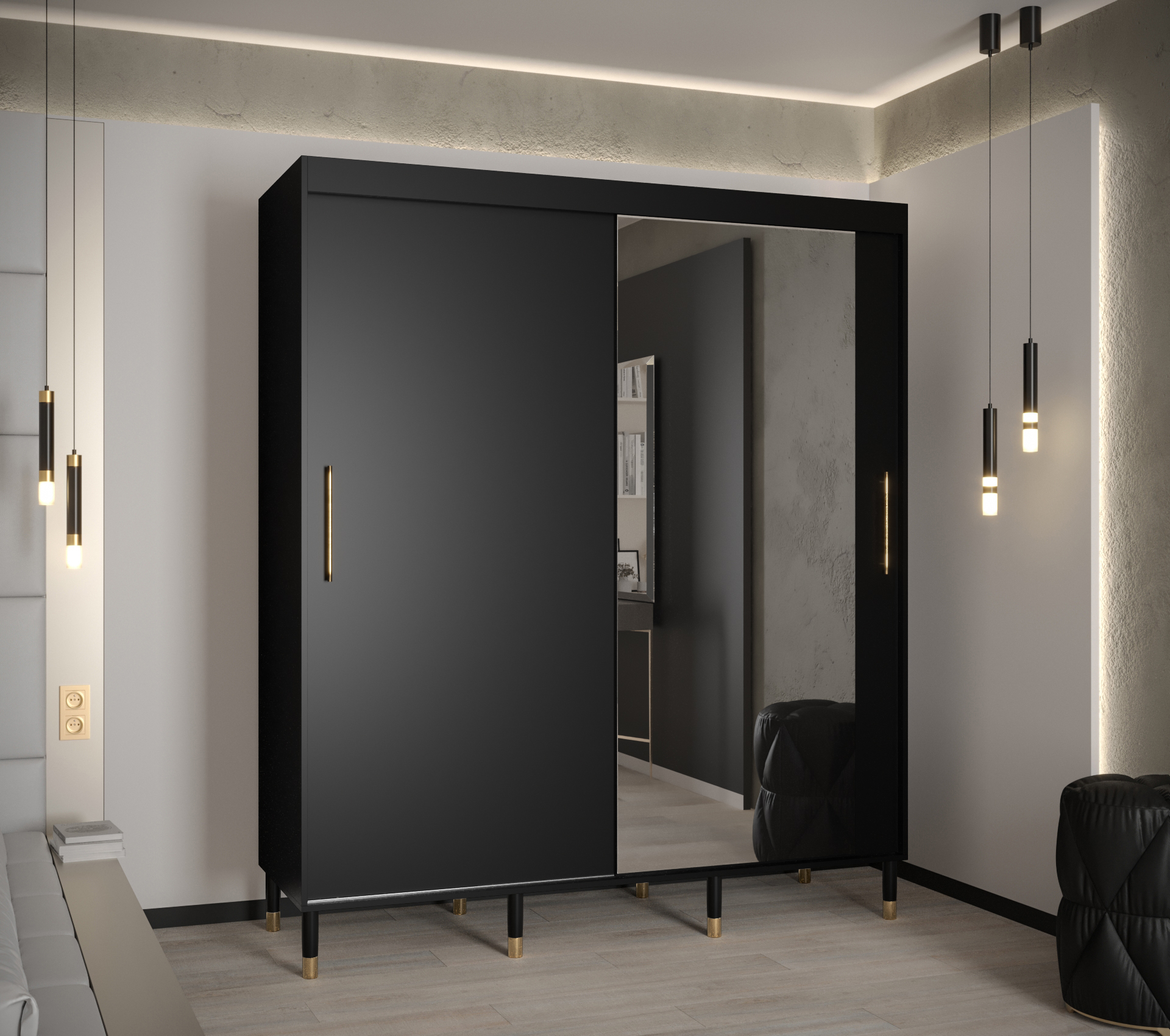 Šatní skříň Abi Calipso T2 Barva korpusu: Černá, Rozměry: 180 cm, Dveře: Černá + zrcadlo - Černá,Čer