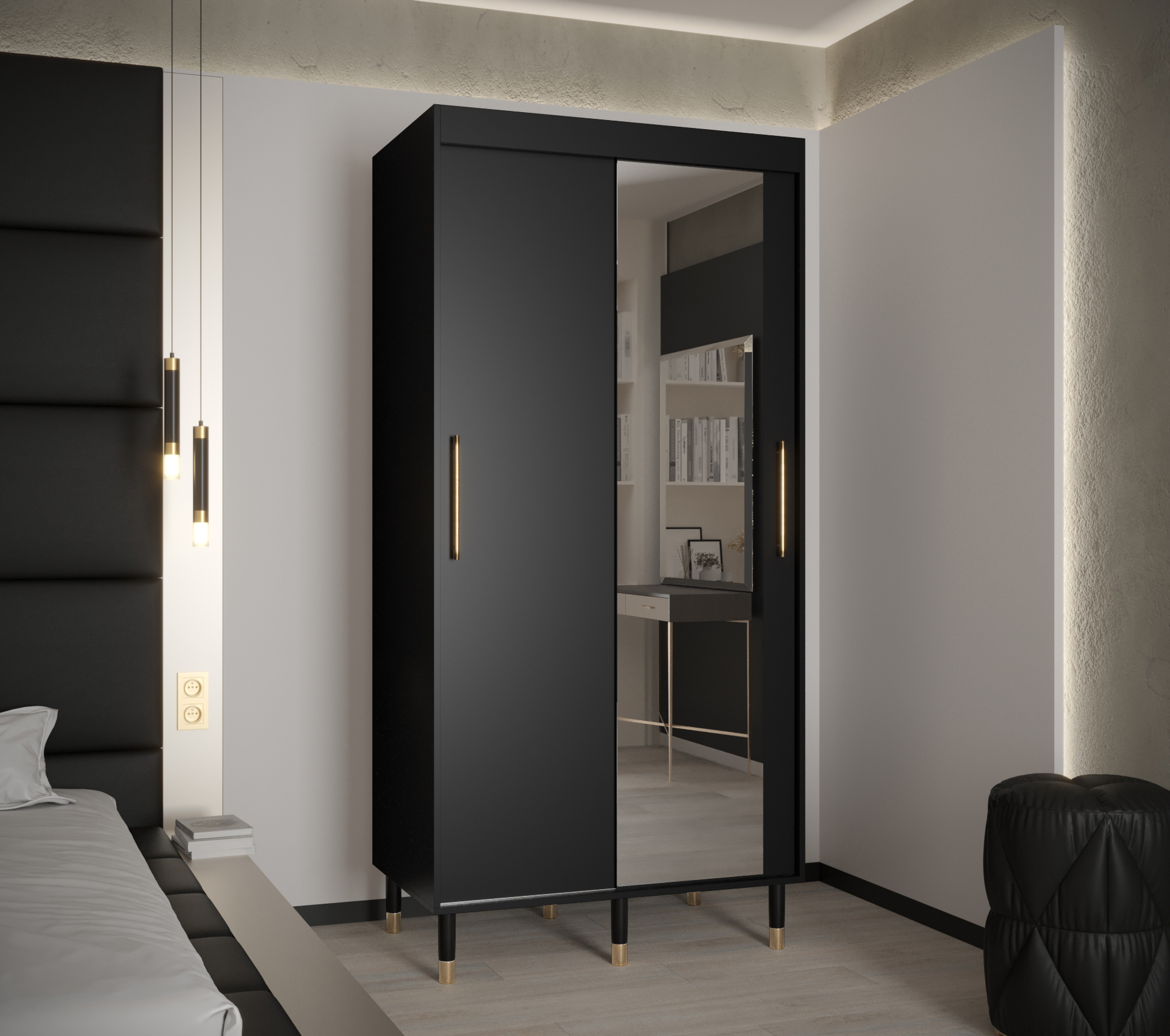 Šatní skříň Abi Calipso T2 Barva korpusu: Černá, Rozměry: 100 cm, Dveře: Černá + zrcadlo - Černá,Čer