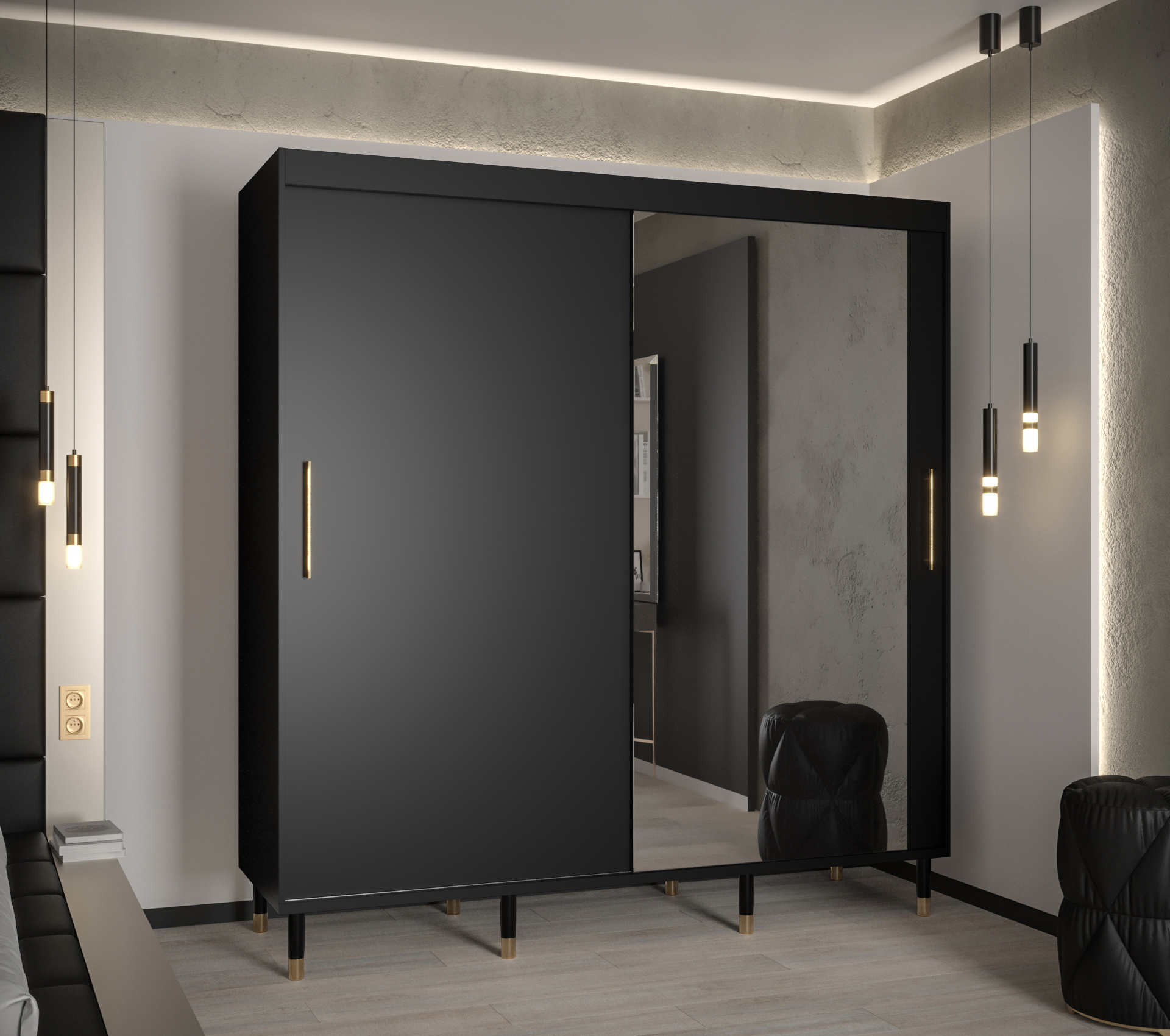 Šatní skříň Abi Calipso T2 Barva korpusu: Černá, Rozměry: 200 cm, Dveře: Černá + zrcadlo - Černá,Čer