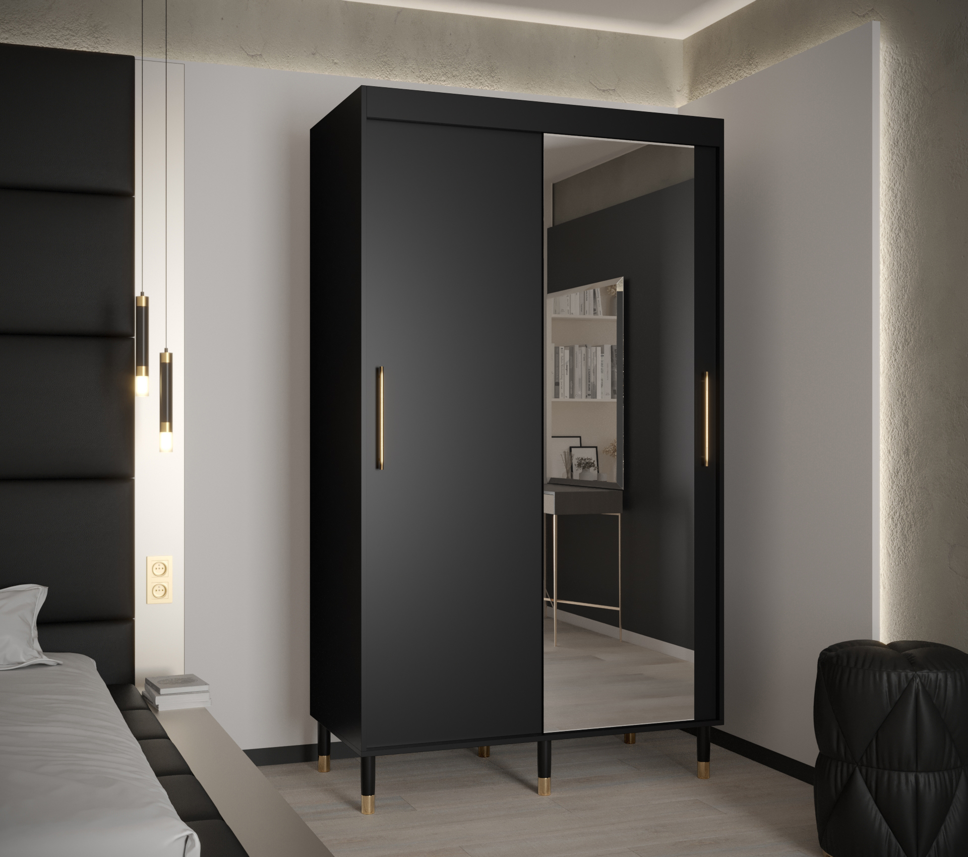 Šatní skříň Abi Calipso T2 Barva korpusu: Černá, Rozměry: 120 cm, Dveře: Černá + zrcadlo - Černá,Čer