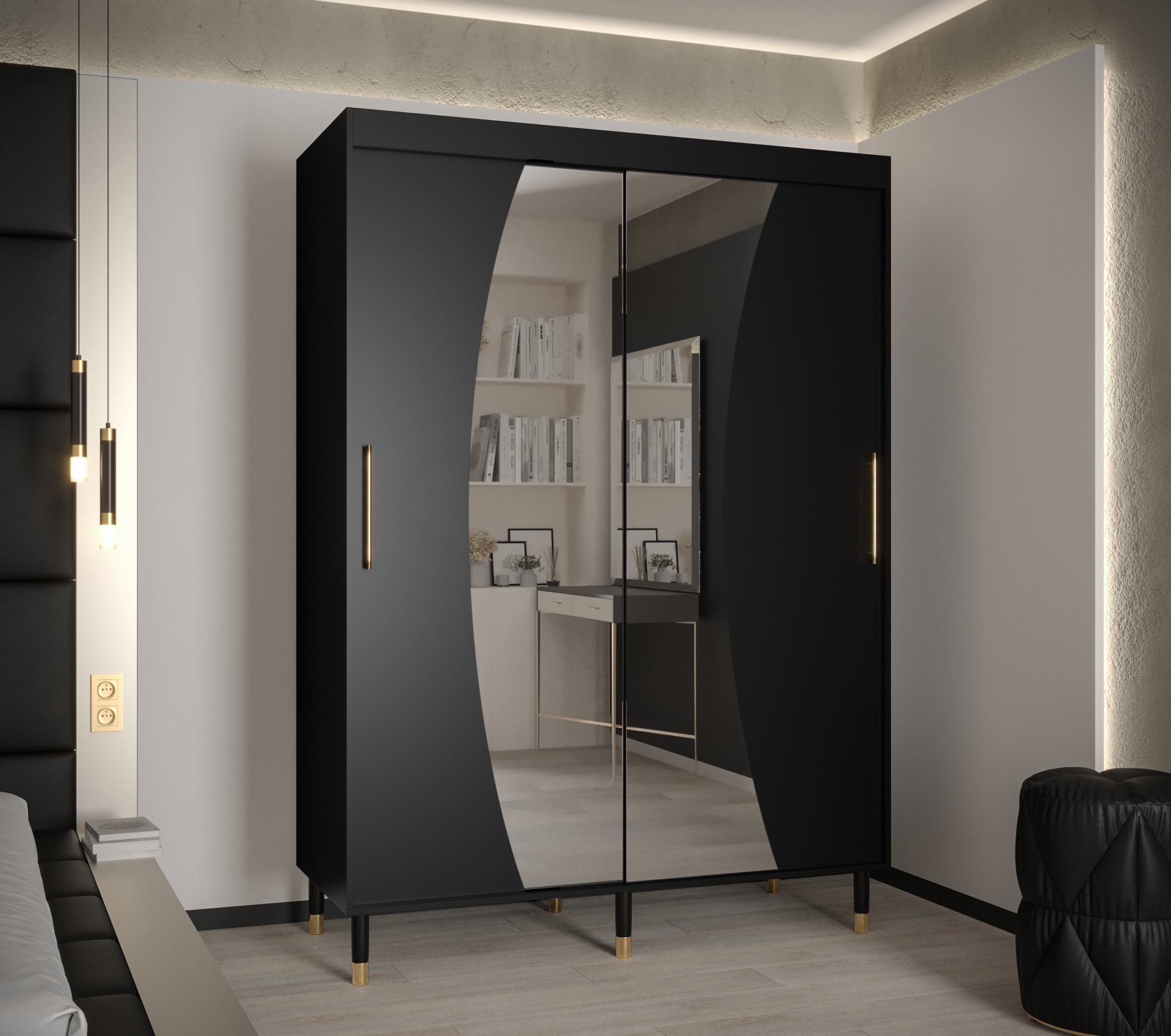 Šatní skříň Abi Calipso Wav Barva korpusu: Černá, Rozměry: 150 cm, Dveře: Černá + zrcadlo - Černá,Če