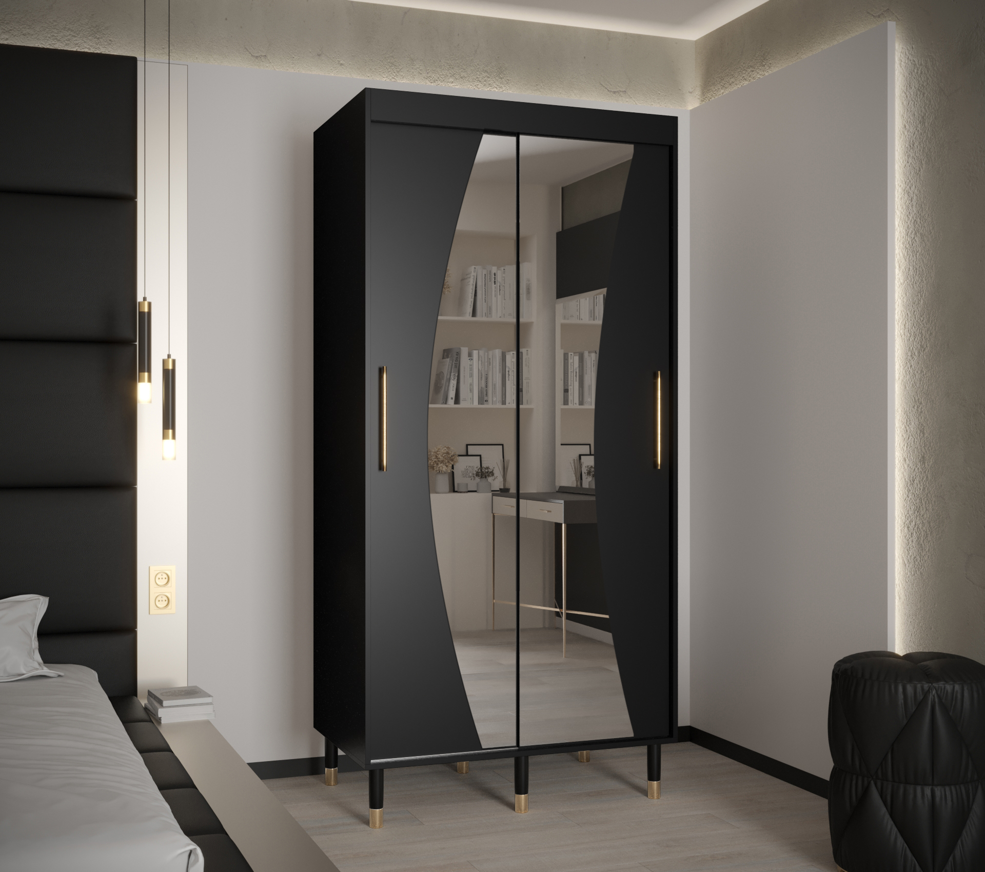 Šatní skříň Abi Calipso Wav Barva korpusu: Černá, Rozměry: 100 cm, Dveře: Černá + zrcadlo - Černá,Če