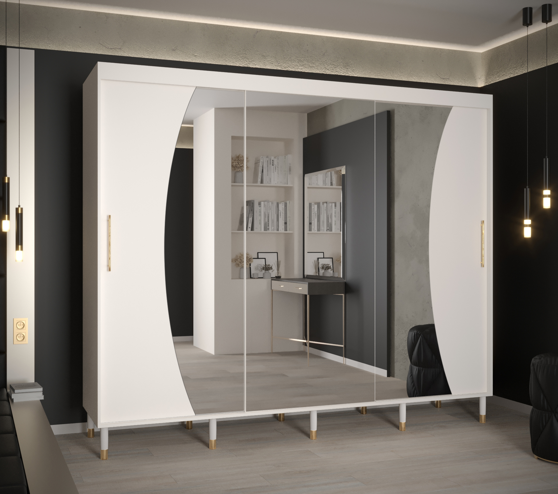 Šatní skříň Abi Calipso Wav Barva korpusu: Bílá, Rozměry: 250 cm, Dveře: Bílá + zrcadlo - Bílá,Bílá 