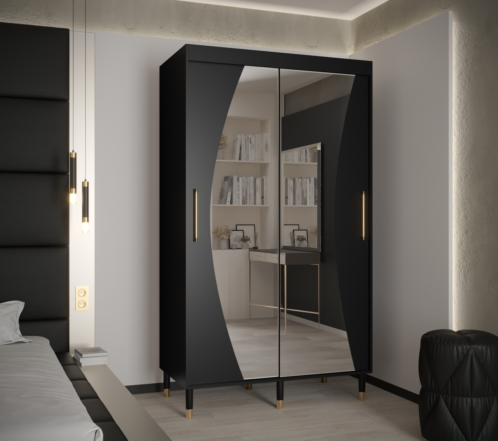 Šatní skříň Abi Calipso Wav Barva korpusu: Černá, Rozměry: 120 cm, Dveře: Černá + zrcadlo - Černá,Če