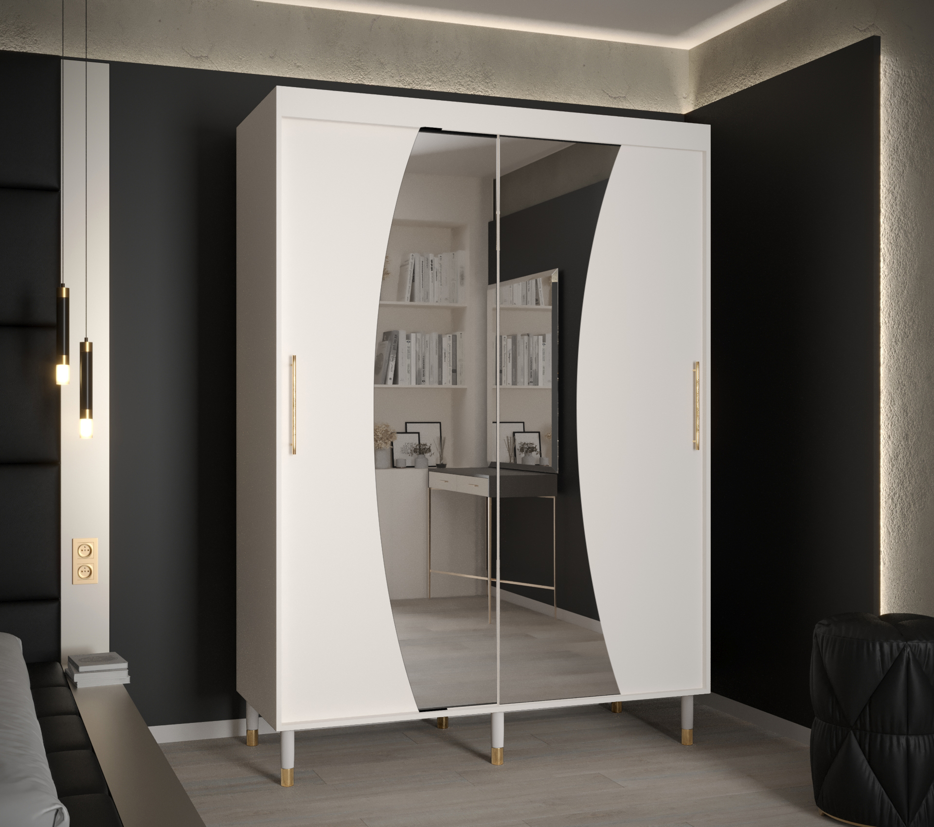 Šatní skříň Abi Calipso Wav Barva korpusu: Bílá, Rozměry: 150 cm, Dveře: Bílá + zrcadlo - Bílá,Bílá 