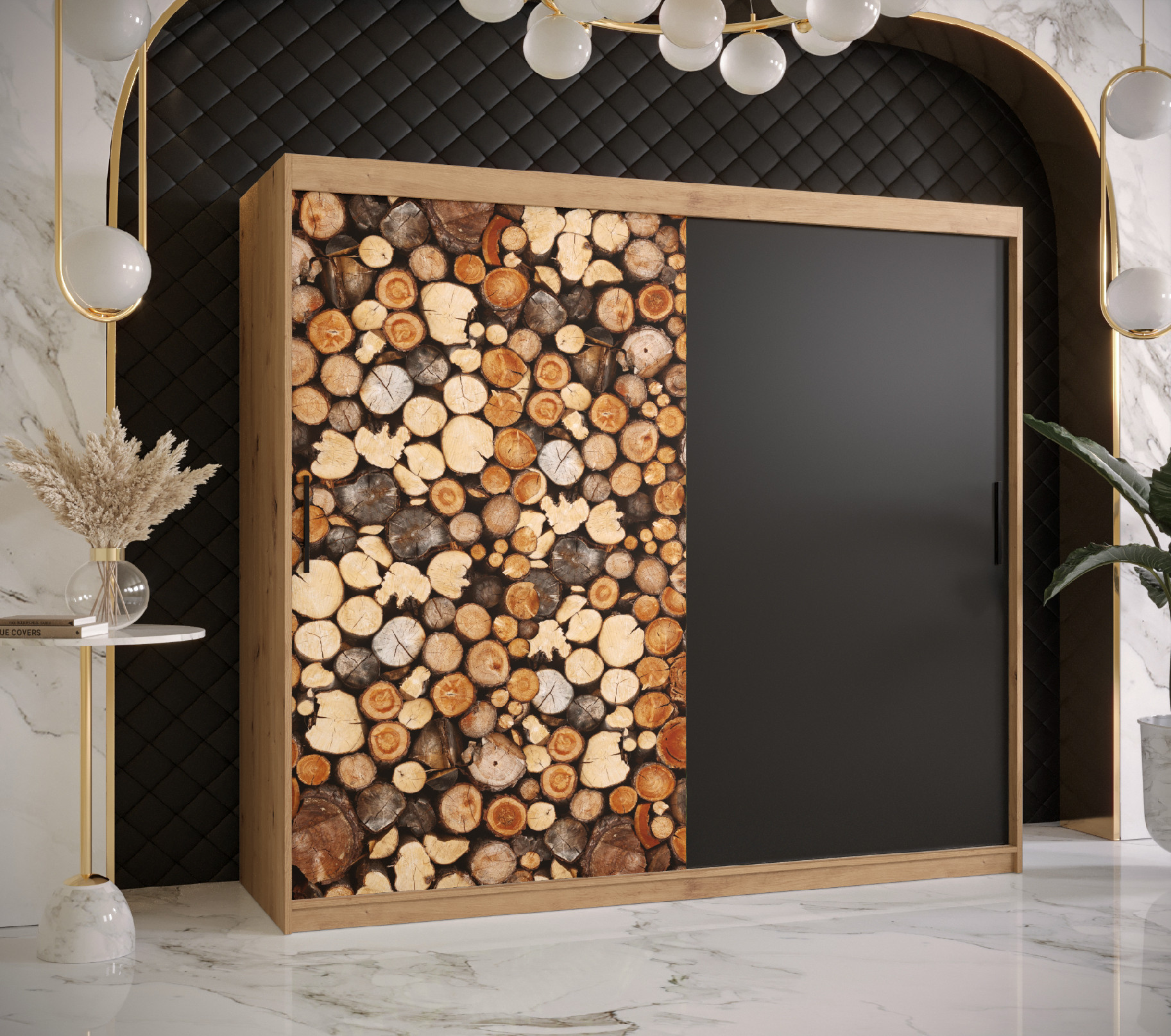 Šatní skříň Abi Drewno Barva korpusu: Dub - Artisan, Rozměry: 200 cm, Dveře: Drewno - dřevo + černá 