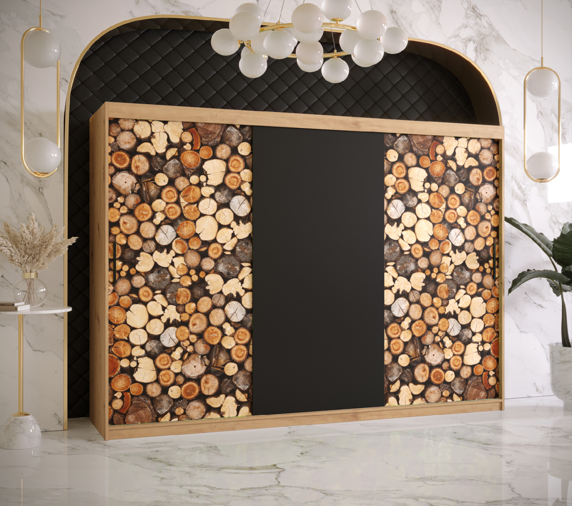 Šatní skříň Abi Drewno Barva korpusu: Dub - Artisan, Rozměry: 250 cm, Dveře: Drewno - dřevo + černá 