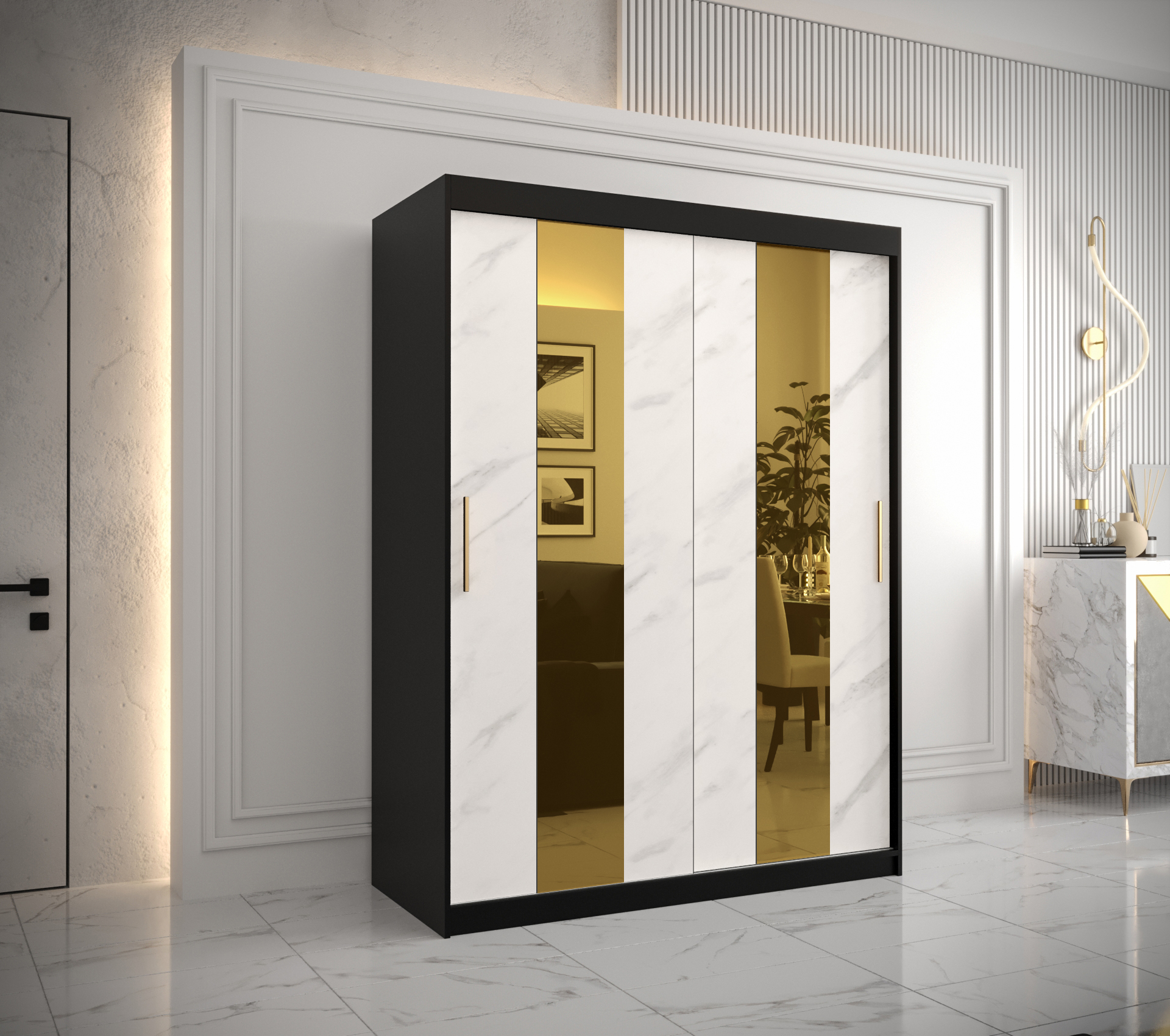 Šatní skříň Abi Golden Pole Barva korpusu: Černá, Rozměry: 150 cm, Dveře: Bílý Marmur + zlaté zrcadl