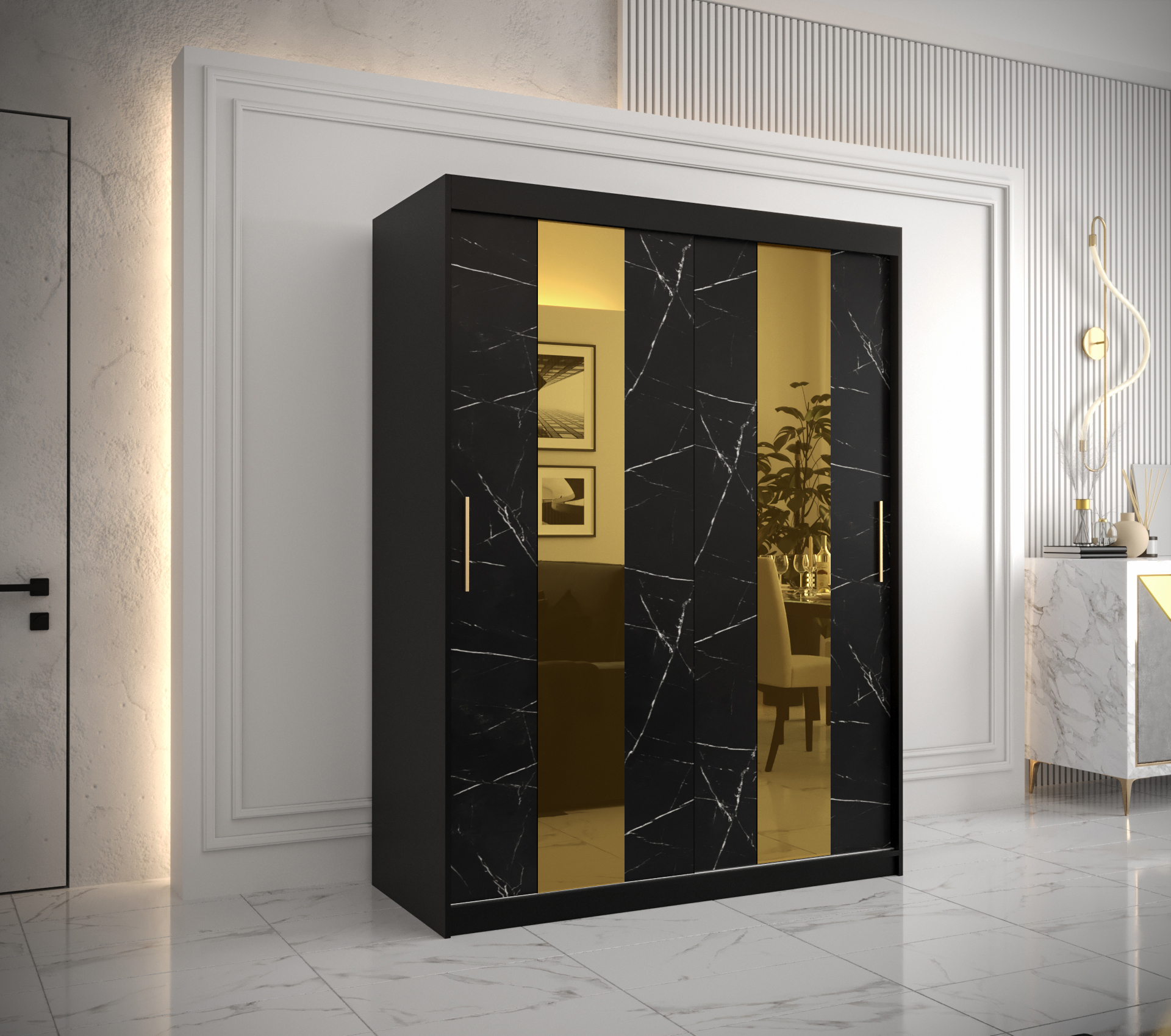 Šatní skříň Abi Golden Pole Barva korpusu: Černá, Rozměry: 150 cm, Dveře: Černý Marmur + zlaté zrcad
