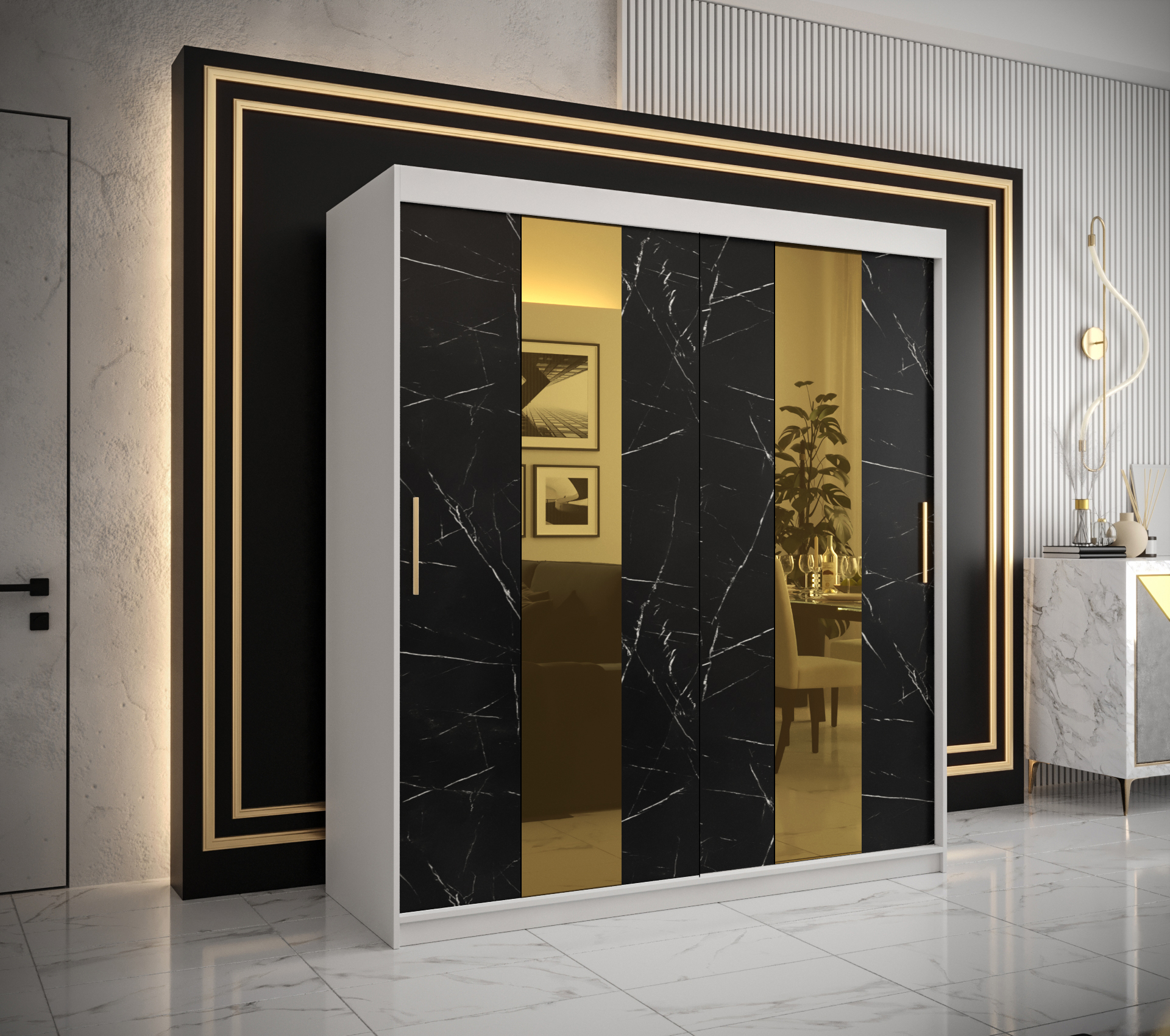 Šatní skříň Abi Golden Pole Barva korpusu: Bílá, Rozměry: 180 cm, Dveře: Černý Marmur + zlaté zrcadl