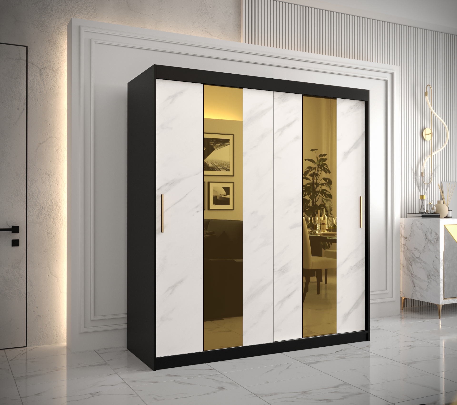 Šatní skříň Abi Golden Pole Barva korpusu: Černá, Rozměry: 180 cm, Dveře: Bílý Marmur + zlaté zrcadl