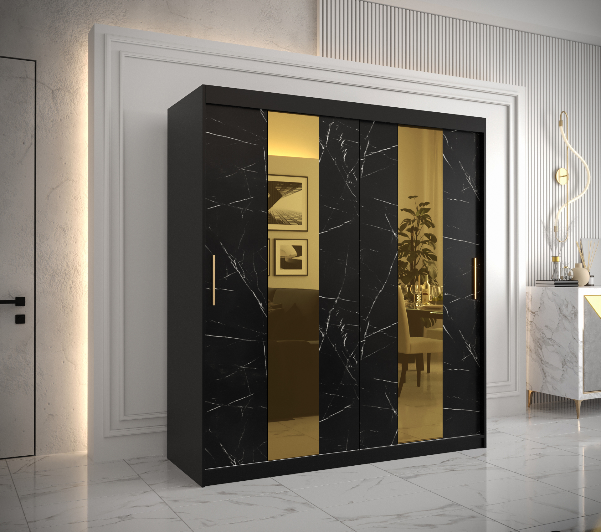 Šatní skříň Abi Golden Pole Barva korpusu: Černá, Rozměry: 180 cm, Dveře: Černý Marmur + zlaté zrcad