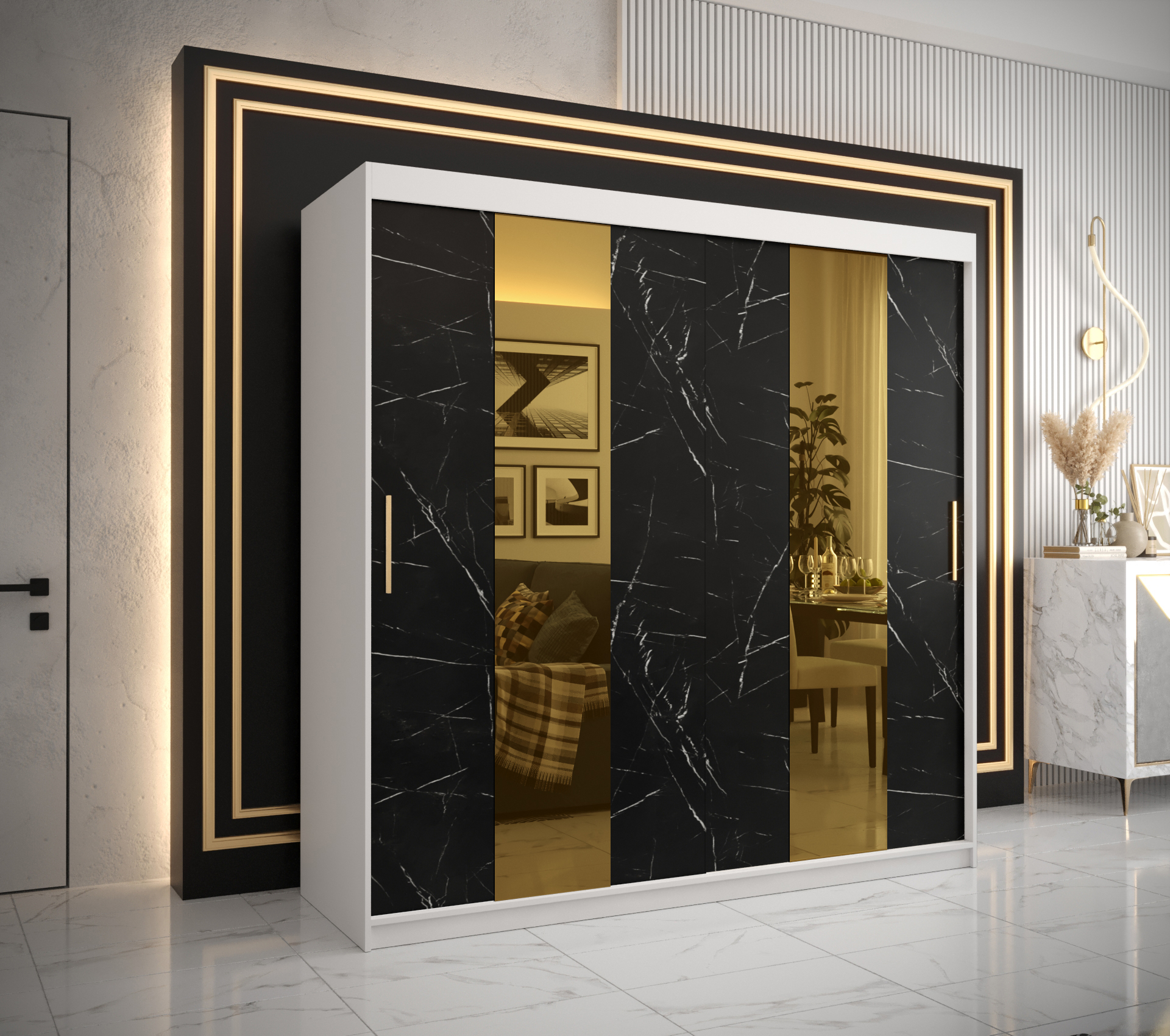Šatní skříň Abi Golden Pole Barva korpusu: Bílá, Rozměry: 200 cm, Dveře: Černý Marmur + zlaté zrcadl
