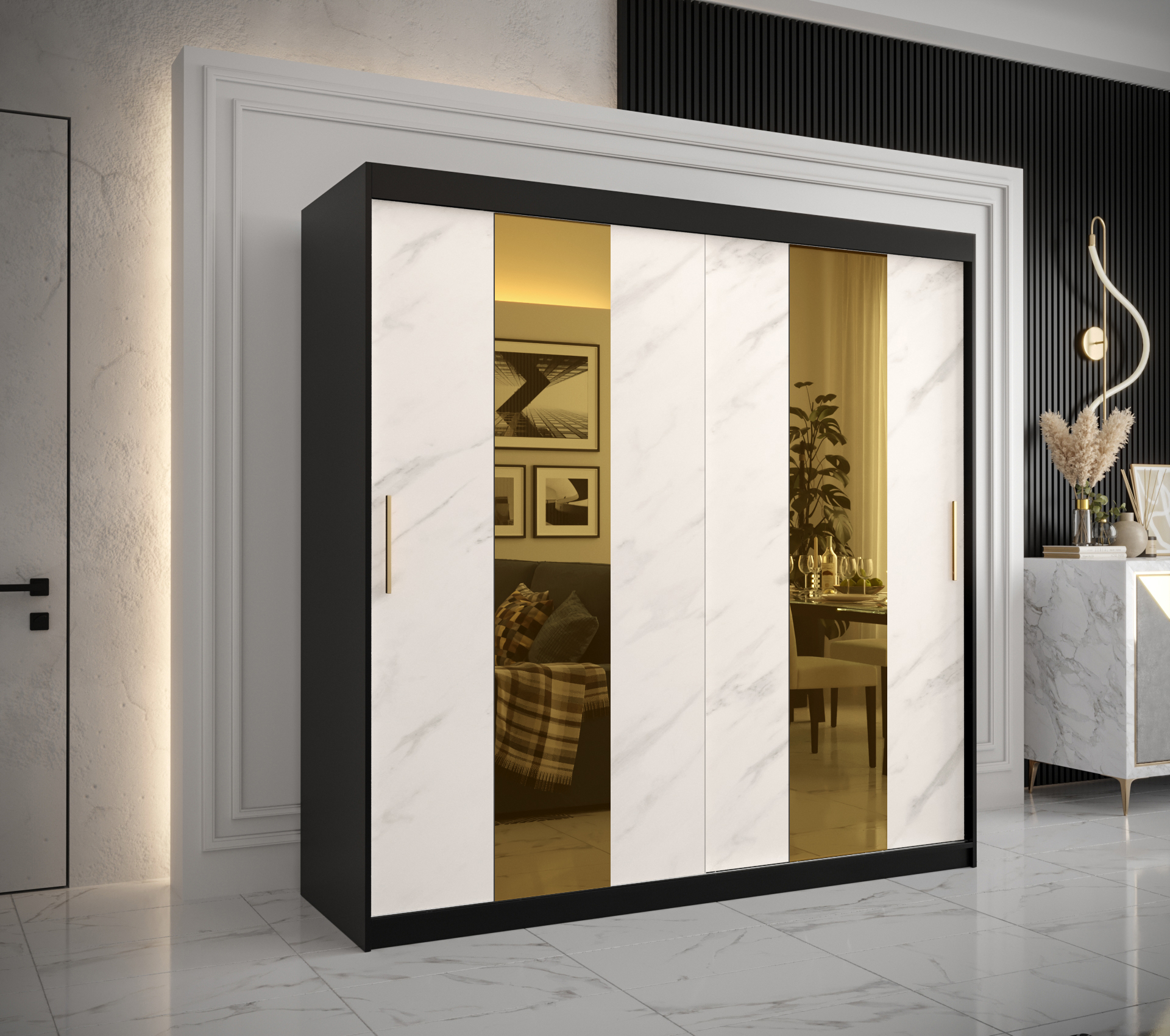 Šatní skříň Abi Golden Pole Barva korpusu: Černá, Rozměry: 200 cm, Dveře: Bílý Marmur + zlaté zrcadl
