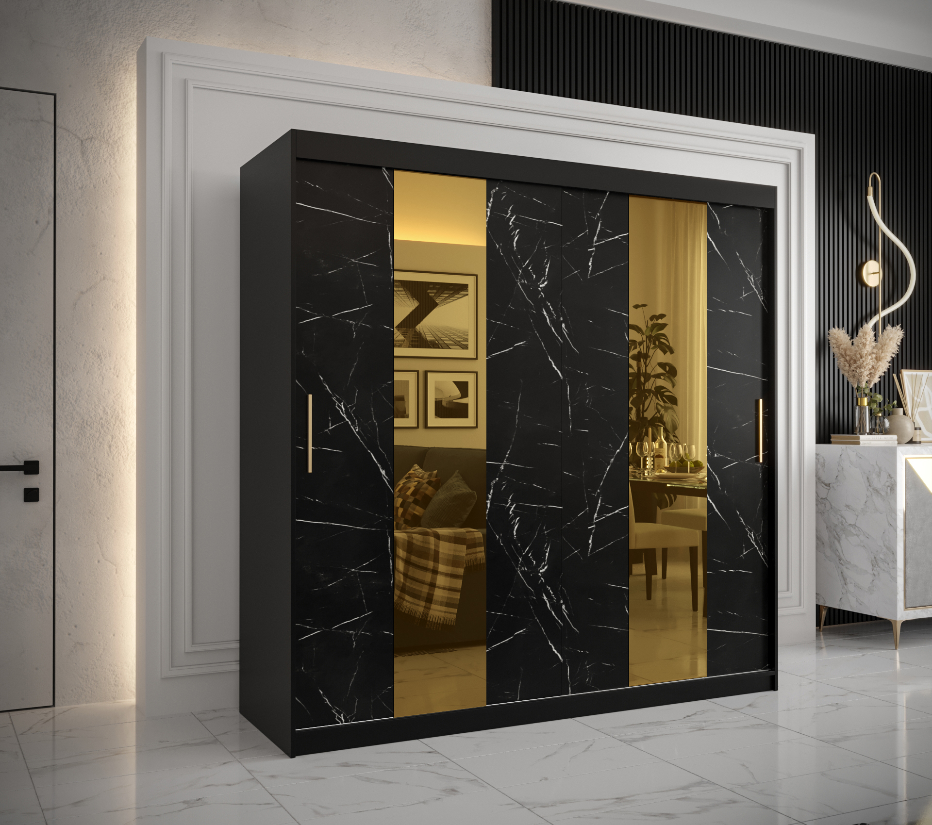 Šatní skříň Abi Golden Pole Barva korpusu: Černá, Rozměry: 200 cm, Dveře: Černý Marmur + zlaté zrcad