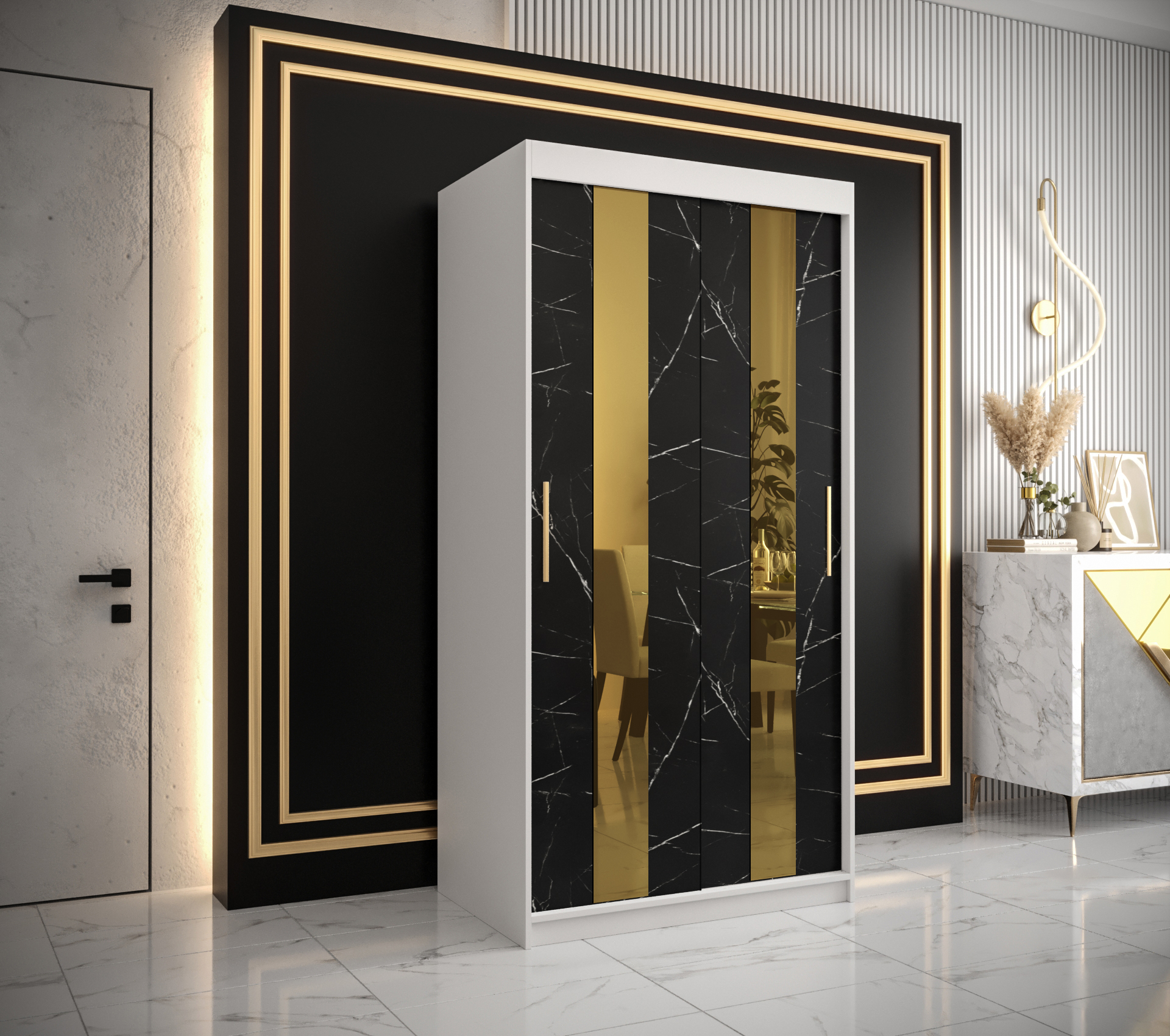 Šatní skříň Abi Golden Pole Barva korpusu: Bílá, Rozměry: 100 cm, Dveře: Černý Marmur + zlaté zrcadl