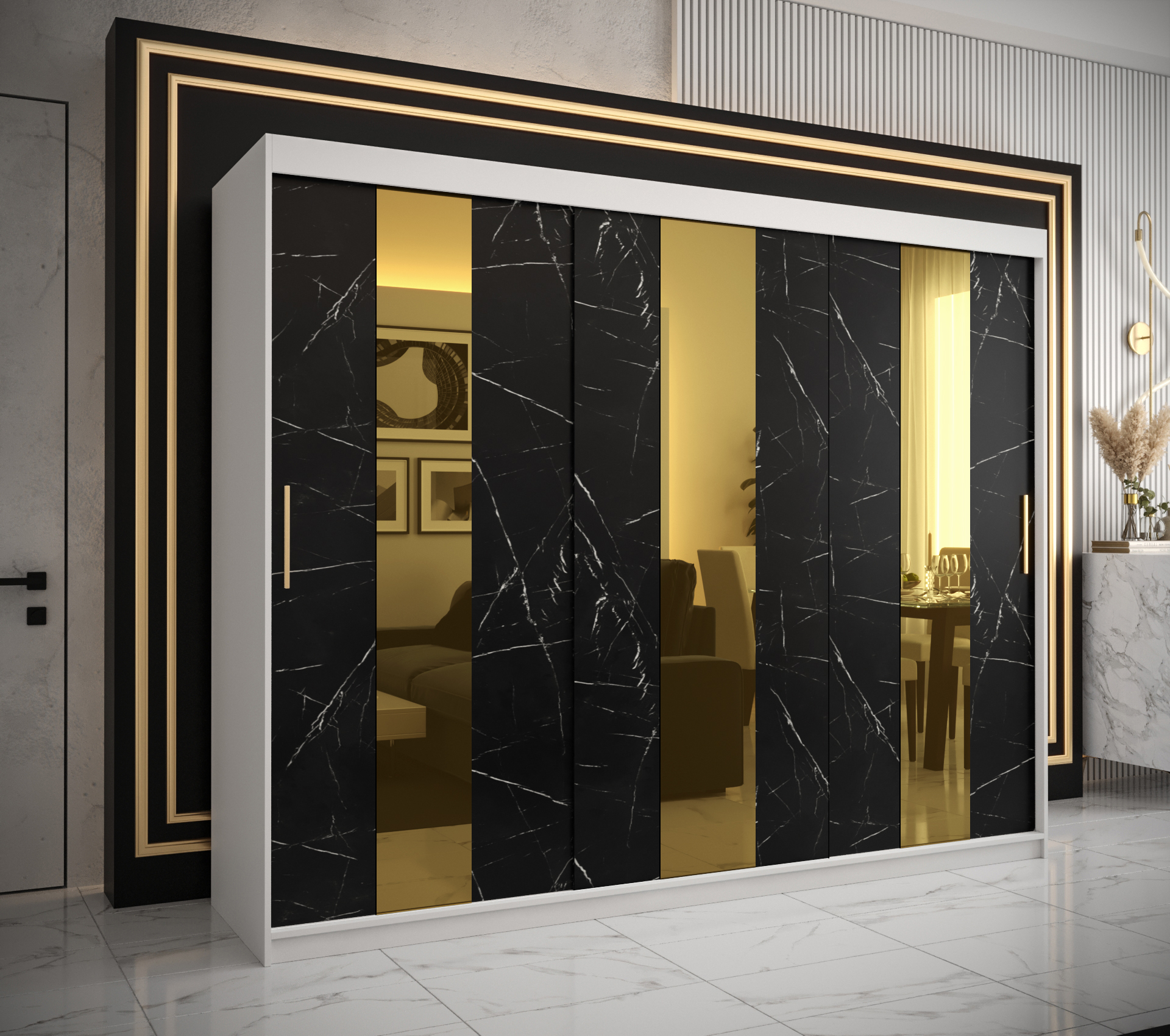 Šatní skříň Abi Golden Pole Barva korpusu: Bílá, Rozměry: 250 cm, Dveře: Černý Marmur + zlaté zrcadl