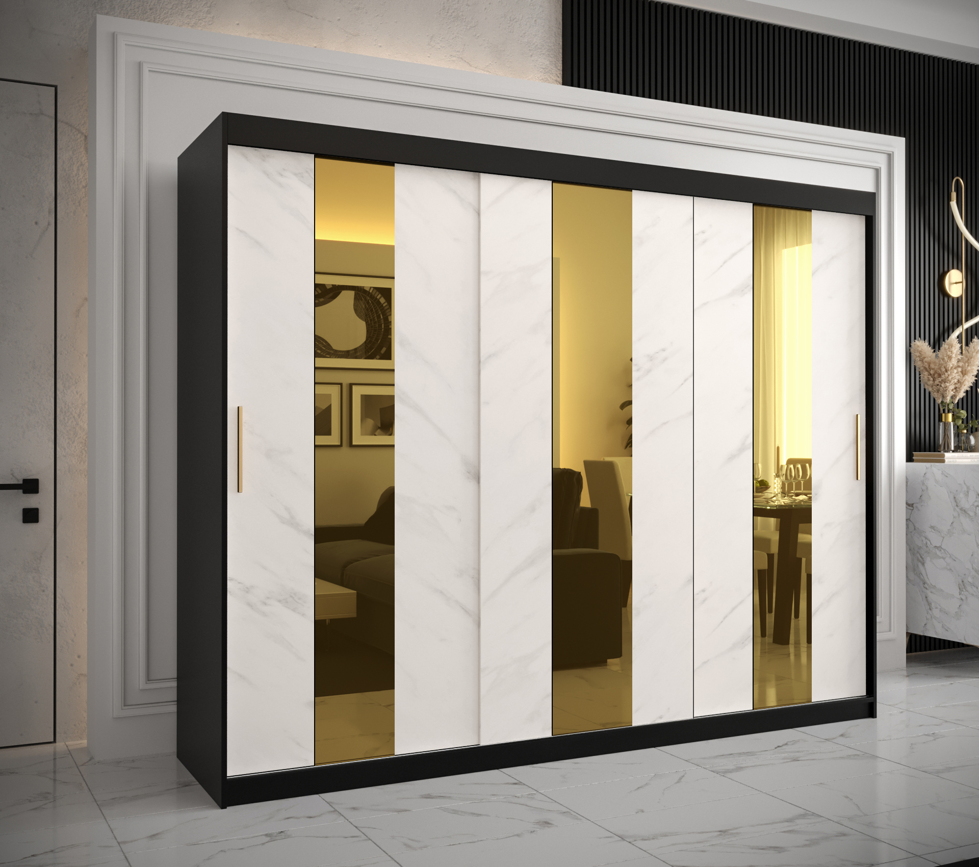 Šatní skříň Abi Golden Pole Barva korpusu: Černá, Rozměry: 250 cm, Dveře: Bílý Marmur + zlaté zrcadl