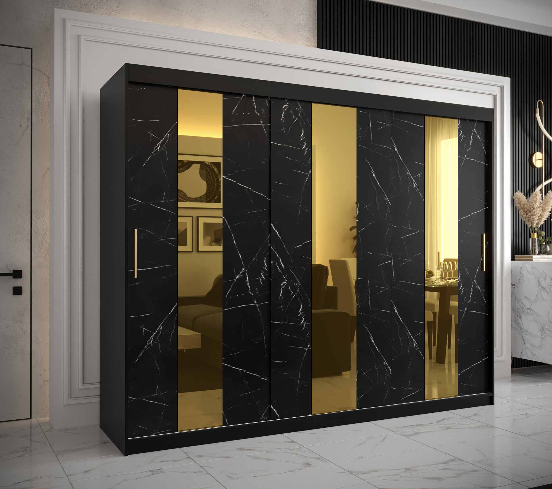 Šatní skříň Abi Golden Pole Barva korpusu: Černá, Rozměry: 250 cm, Dveře: Černý Marmur + zlaté zrcad