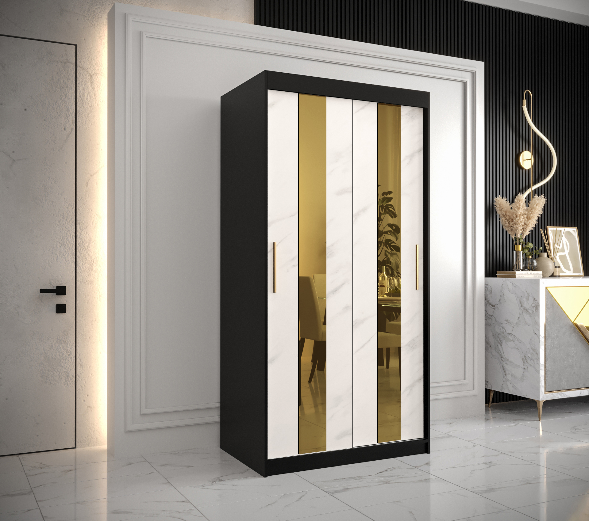 Šatní skříň Abi Golden Pole Barva korpusu: Černá, Rozměry: 100 cm, Dveře: Bílý Marmur + zlaté zrcadl